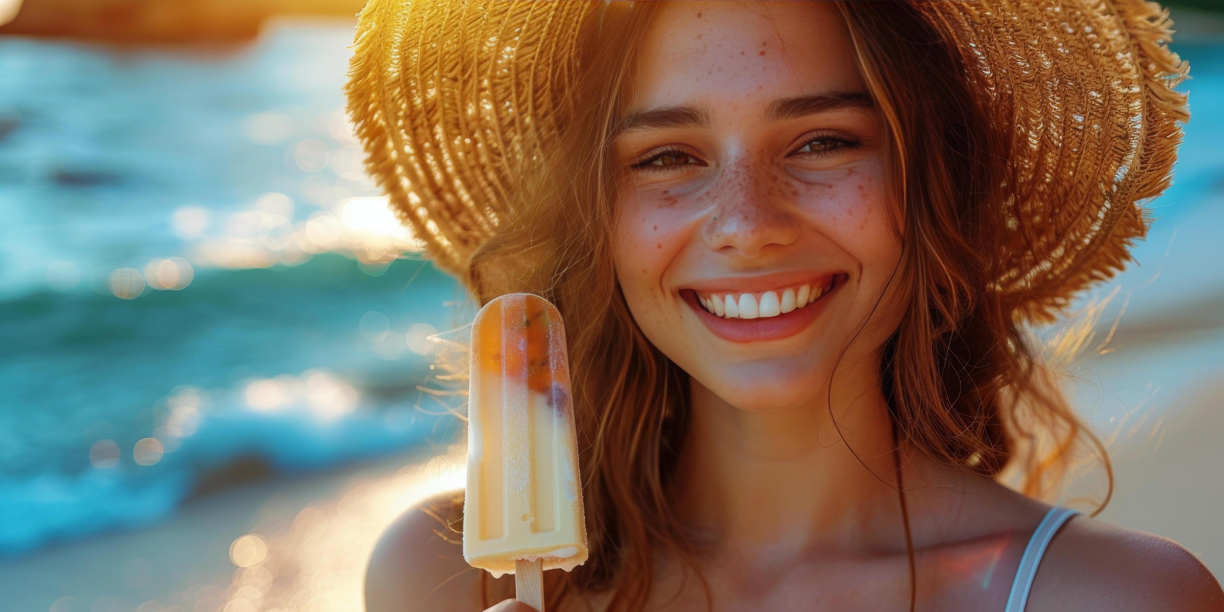 Happy Woman Enjoying Summer Ice Cream on Beach Stock Free