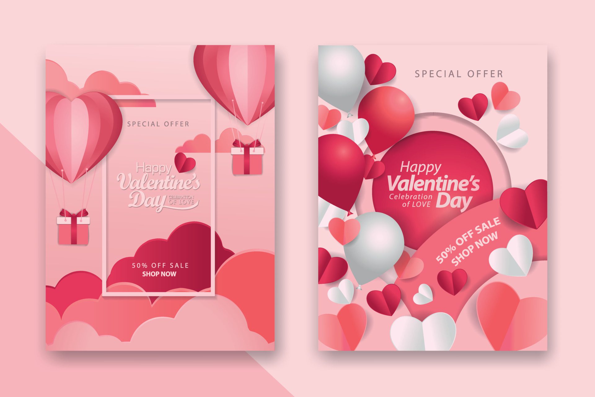 Valentine’s day concept posters set with red 3d and pink paper hearts and frame on geometric background. Cute love sale banners or greeting cards Free Vector