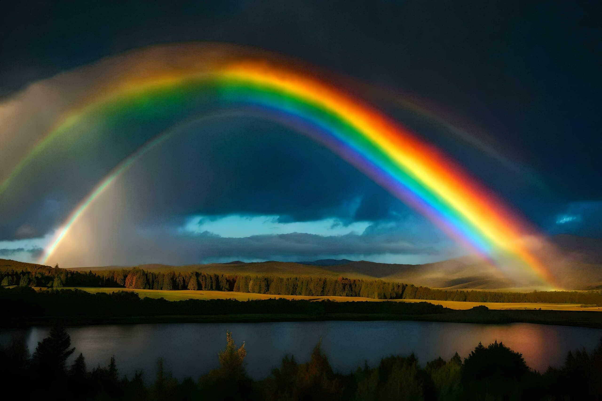 a rainbow over a lake and mountains Free Photo