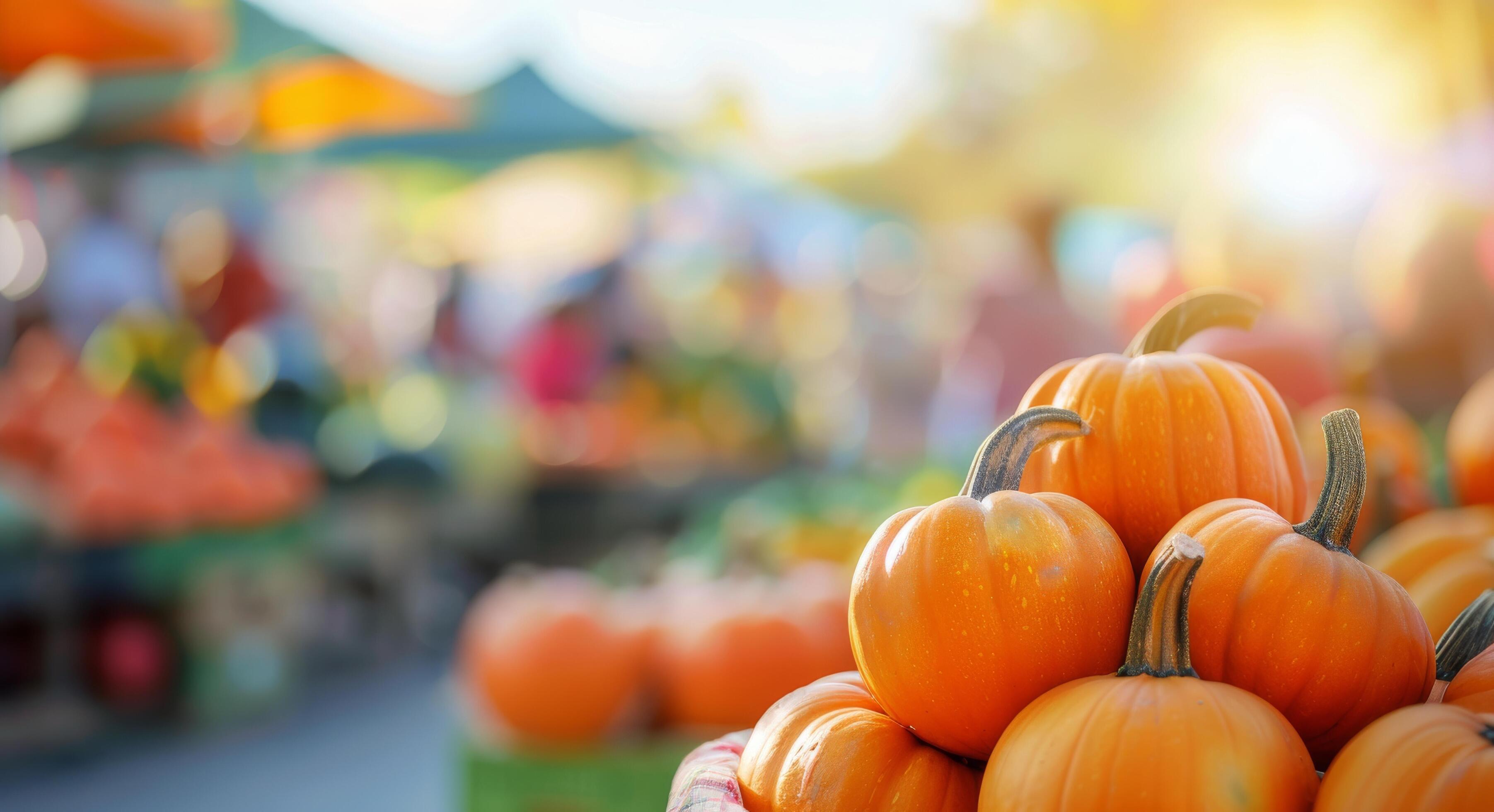 Fresh Pumpkins for Sale at a Vibrant Autumn Farmers Market During Sunset Stock Free