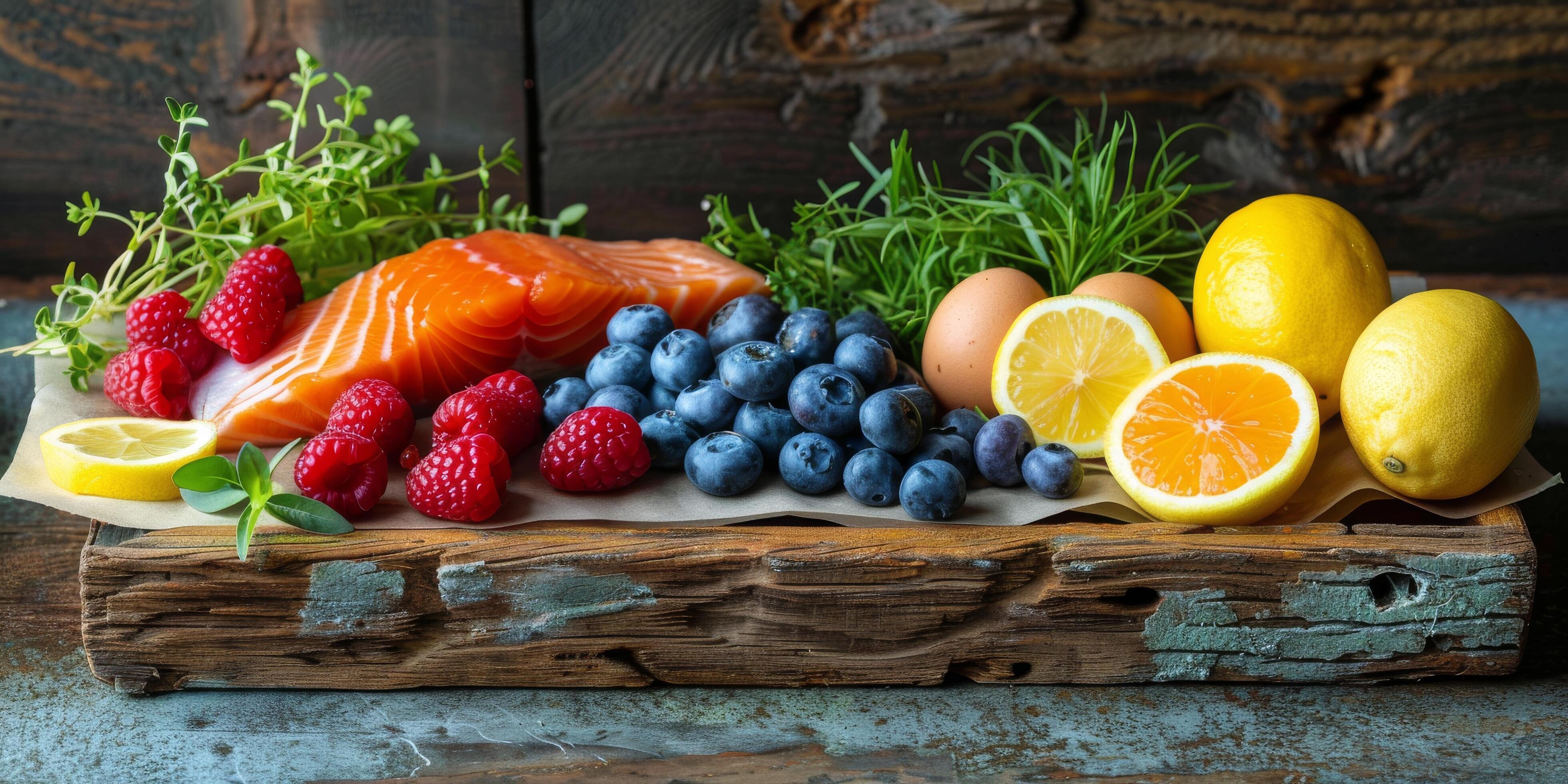 Fresh Salmon, Lemons, Blueberries, Raspberries, and Eggs in a Wooden Tray Stock Free