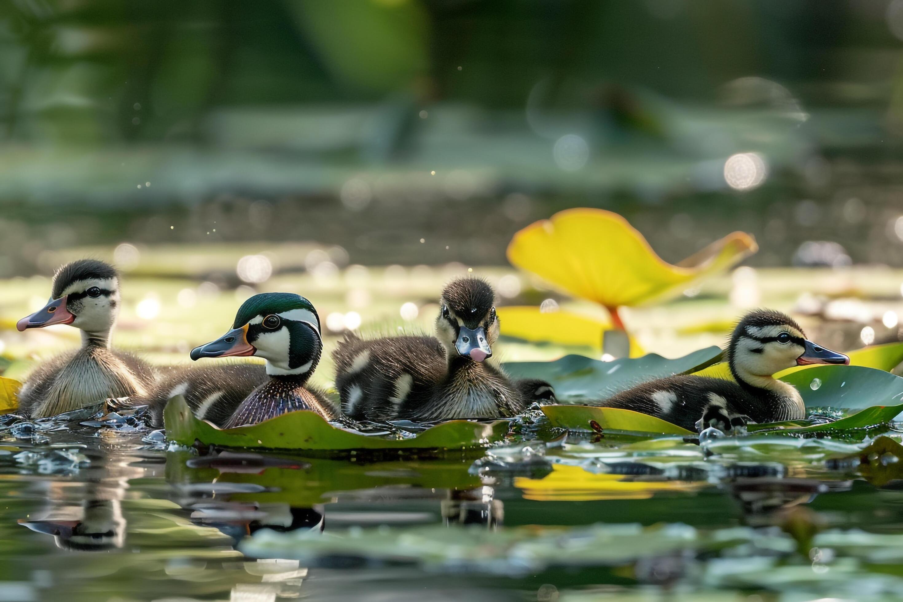 Wood Duck Family Swimming Among Lily Pads Background Nature Stock Free