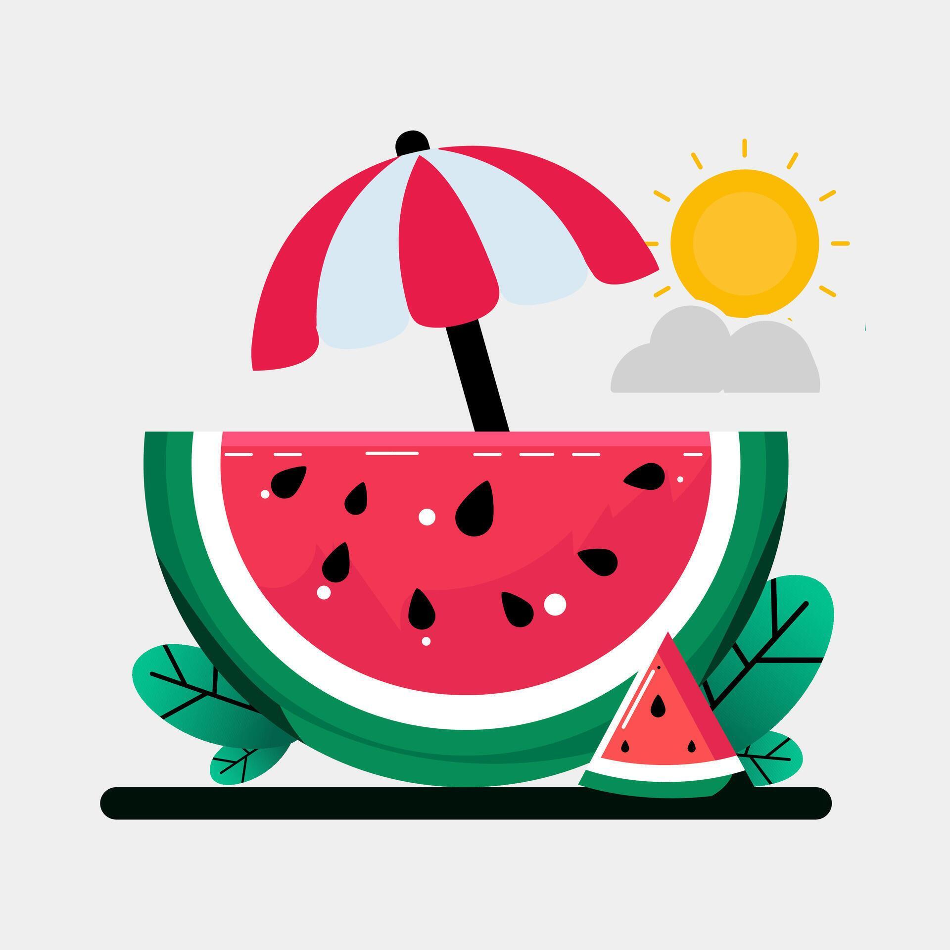 Slice And Whole Watermelon, green leaves Flower illustration in flat design. Summer food concept illustration isolated on white background Stock Free