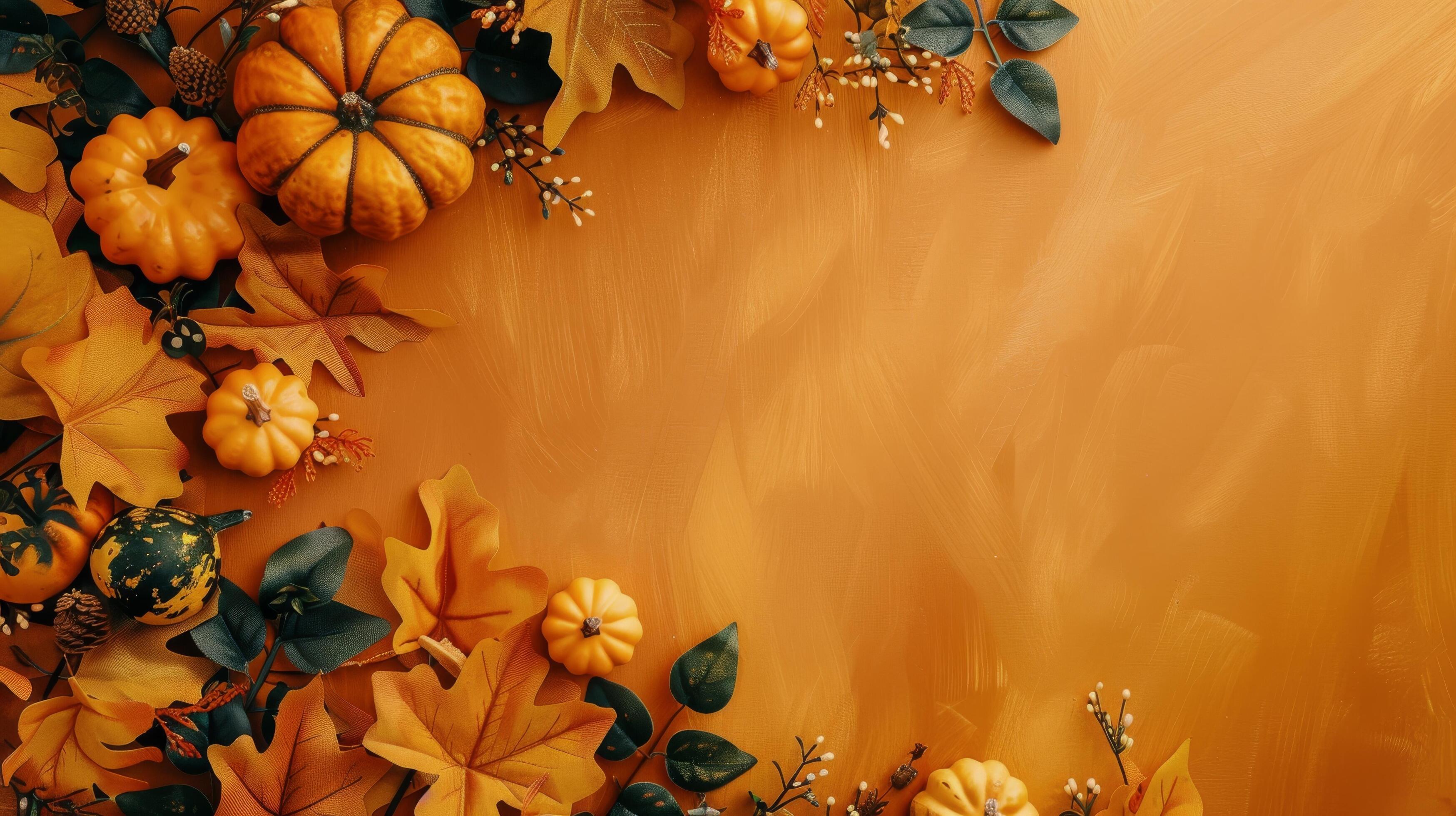 Autumn Leaves and Pumpkins on Orange Background Stock Free