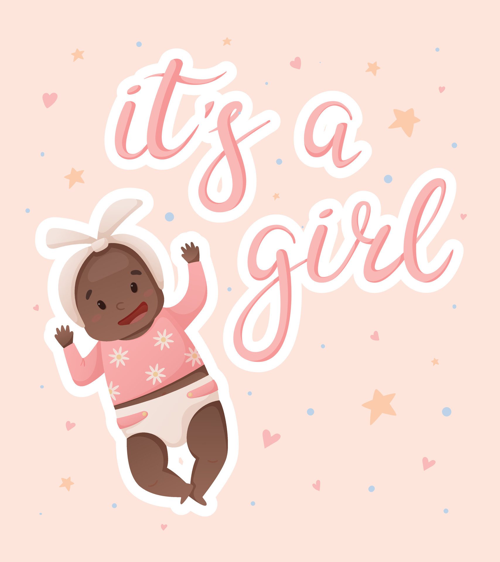 illustration of a newborn African American baby in a diaper. Postcard or banner with lettering it’s a girl. Free Vector