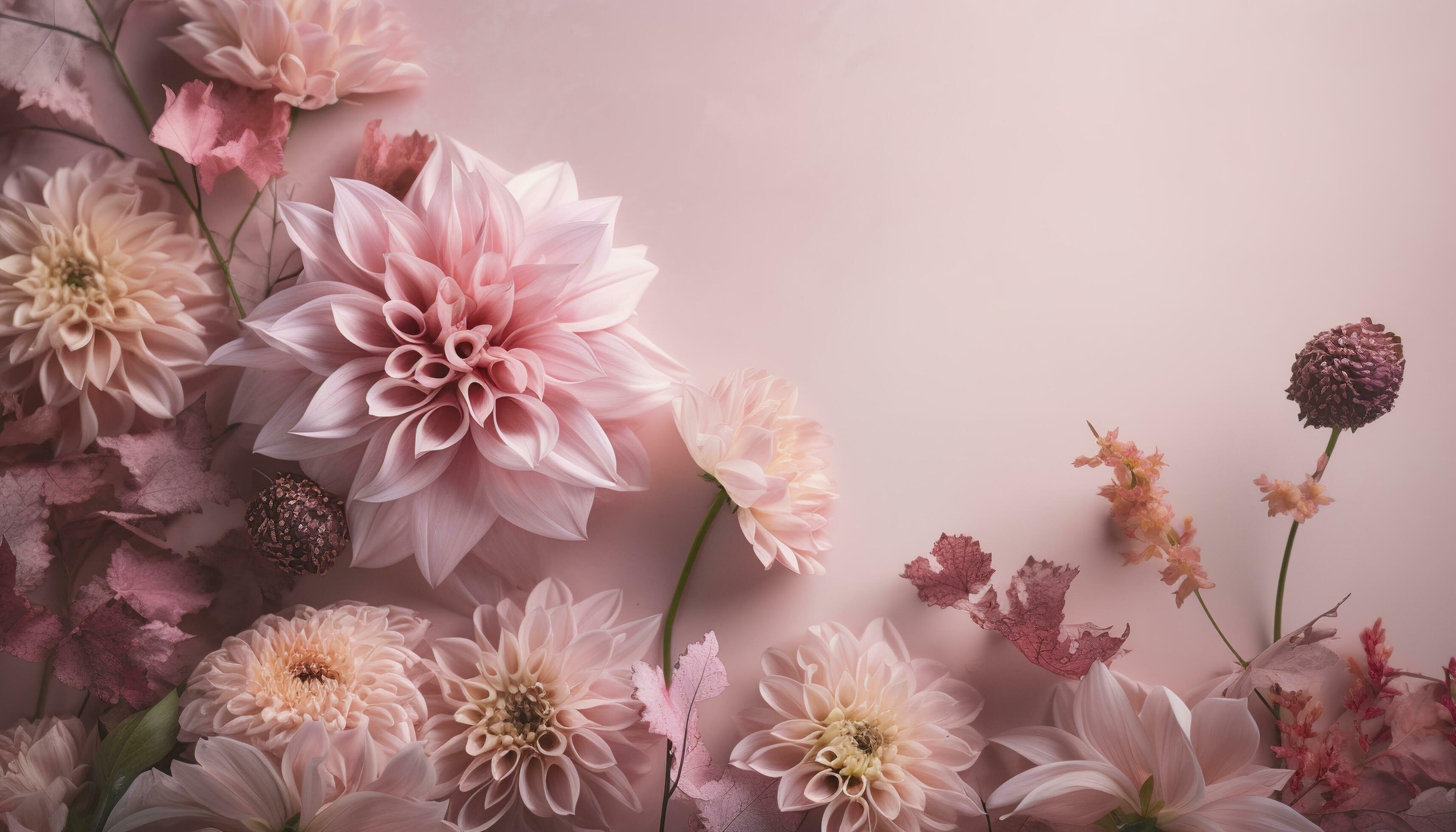 pink flowers composition over pastel background, generate ai Stock Free