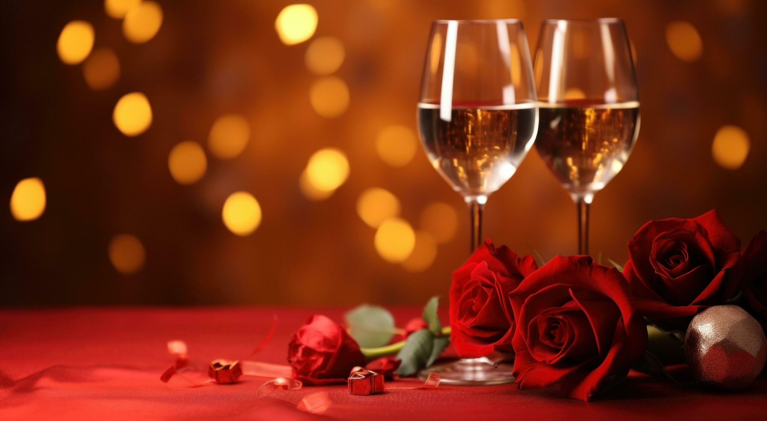 rose with champagne and sparkling lights Free Photo