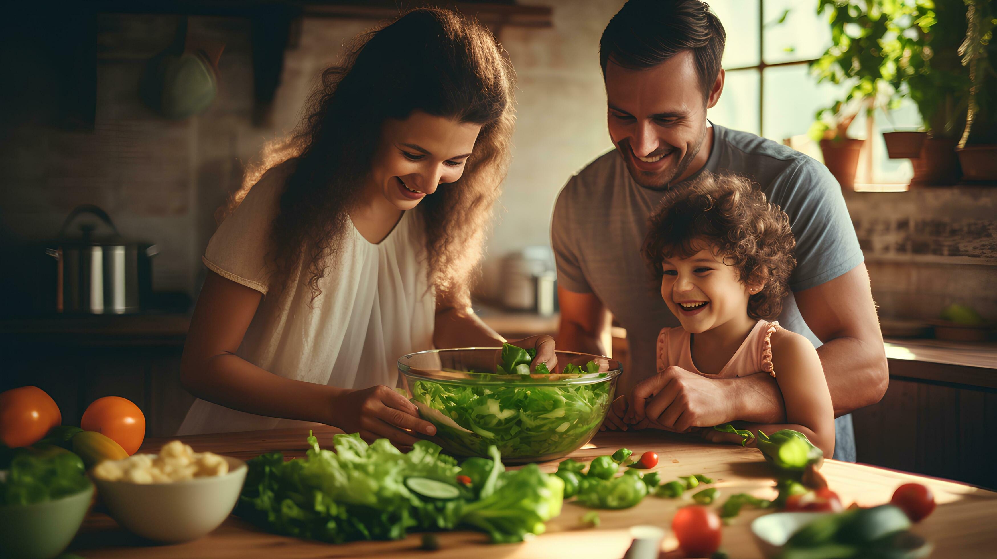 Family, father, mother, son happily making salad in the kitchen.created by generative AI Stock Free