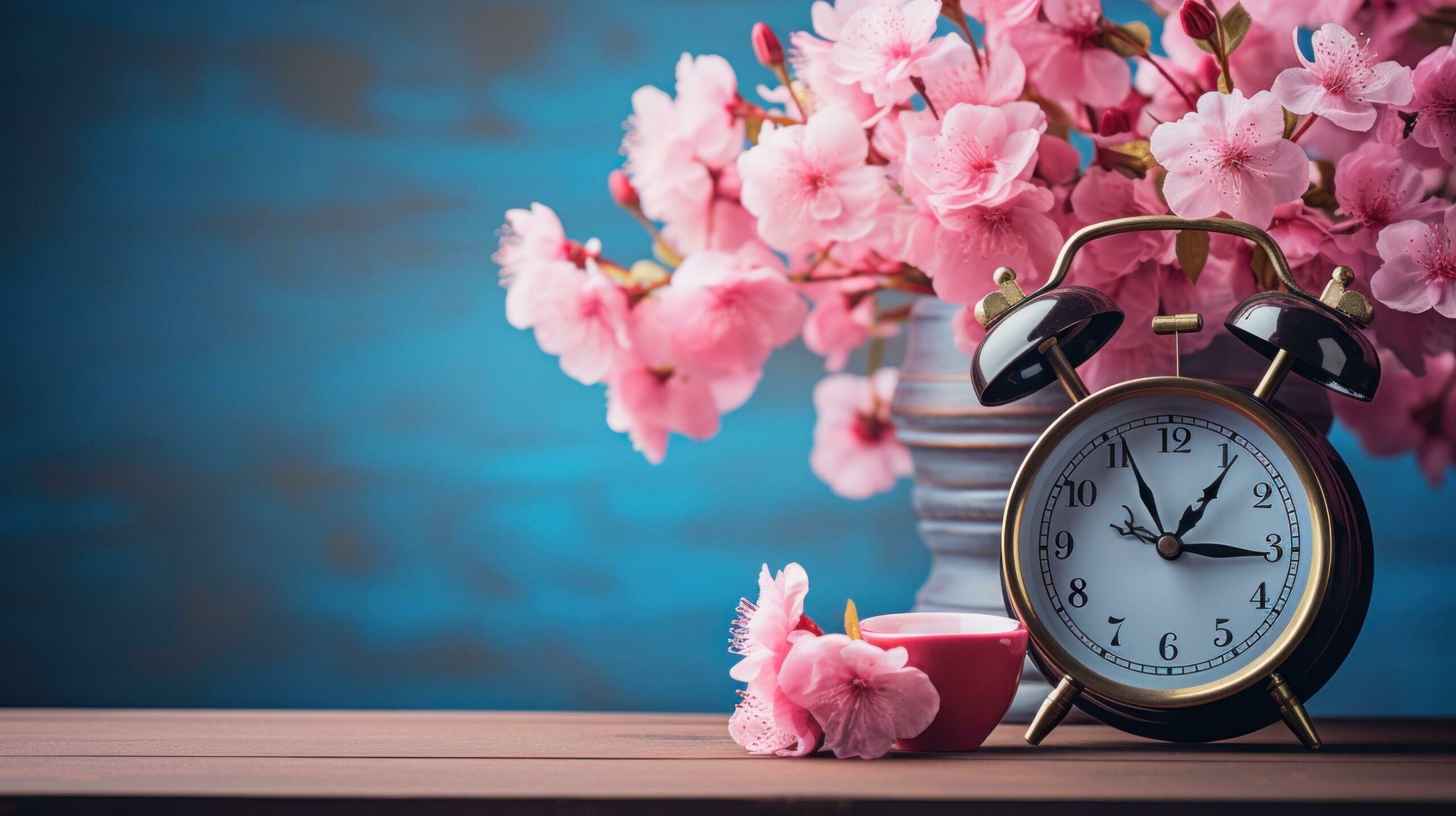 pink alarm clock in the cherry blossom background Free Photo