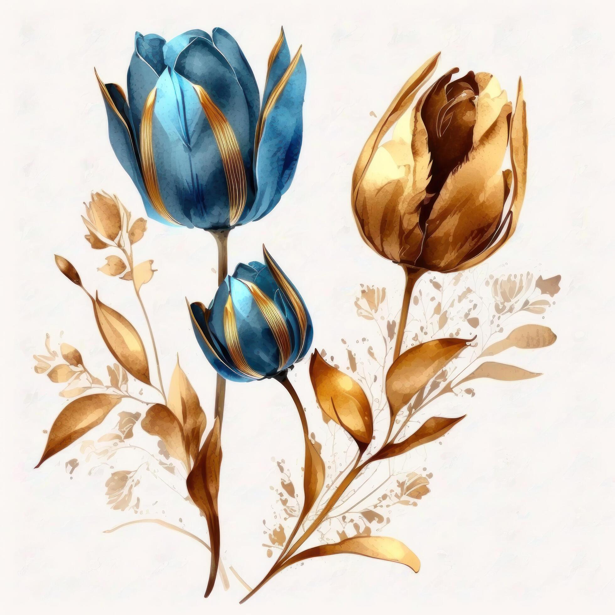 Blue and golden watercolor tulip flowers. Illustration Stock Free