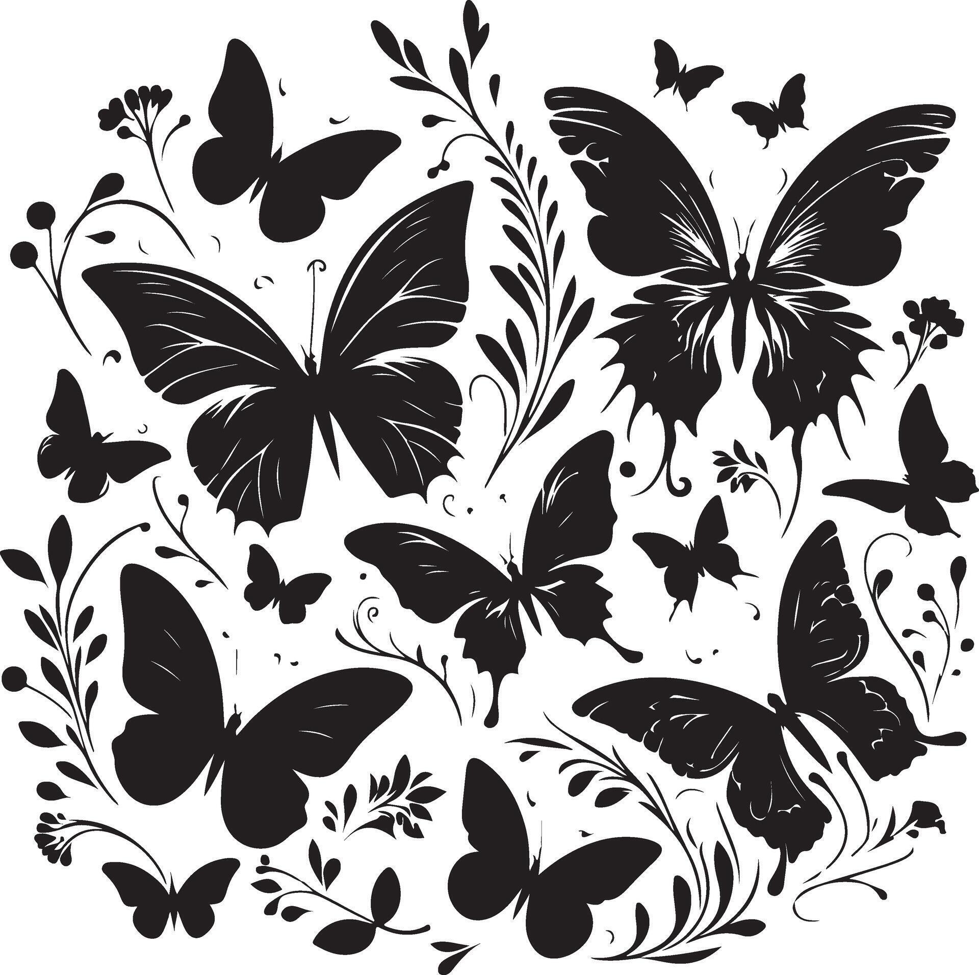 Butterflies and flowers, pattern with butterflies, set of butterflies, Flying butterflies silhouette black set isolated on white background Stock Free