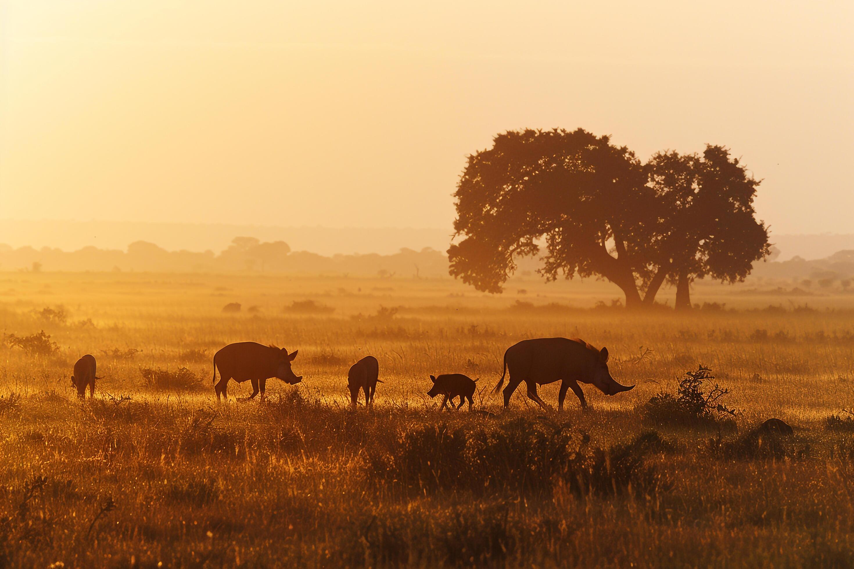 family of warthogs grazing peacefully in the African savannah at dawn nature background Stock Free