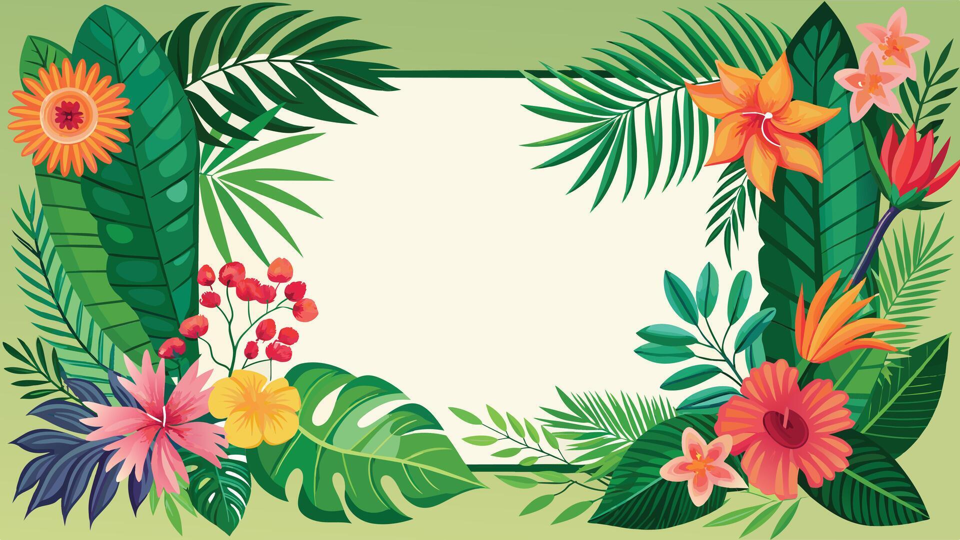 Frame with tropical flowers and leaves. Vector in flat style. Stock Free