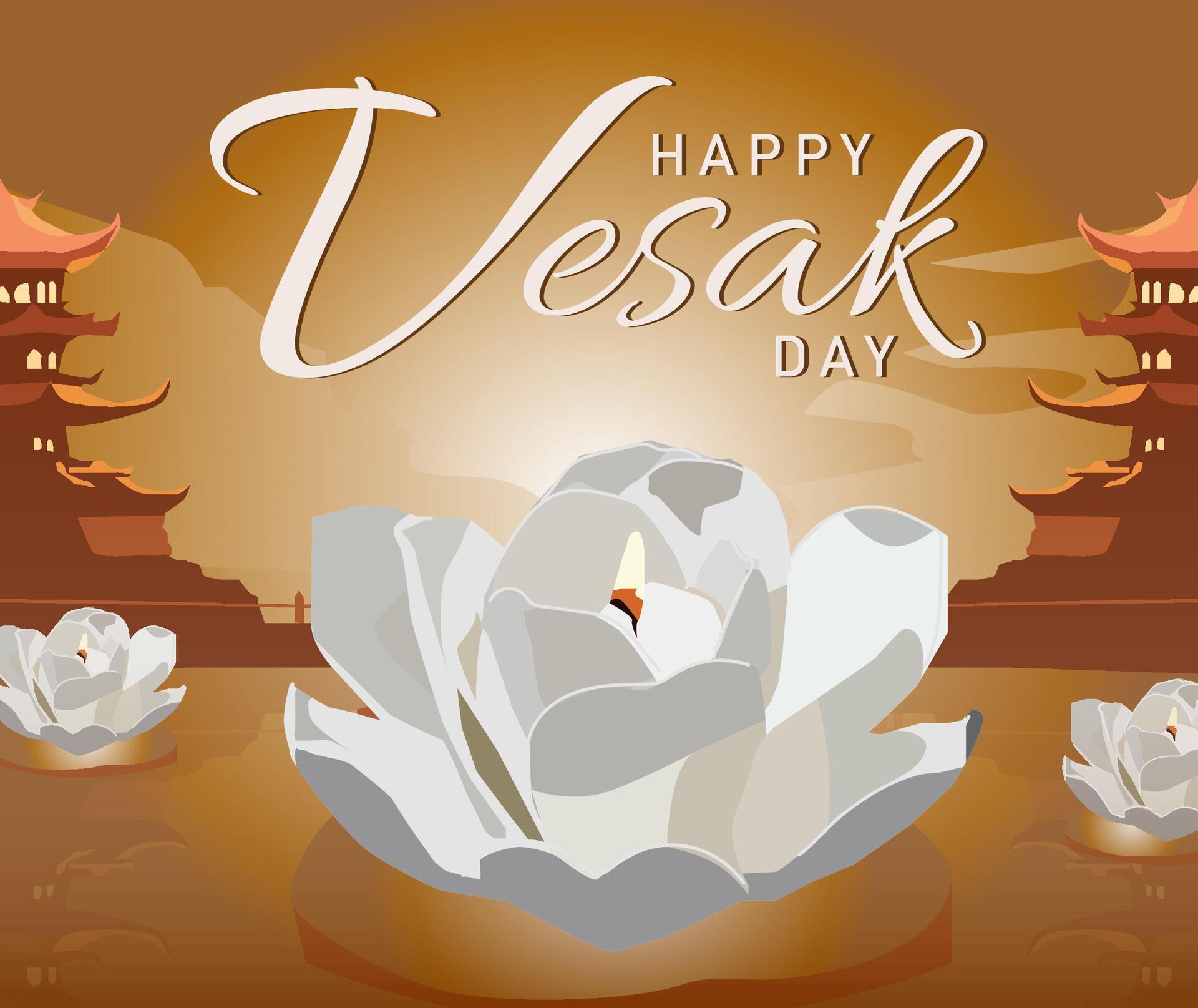 beautiful white lotus flowers blooming candle burning on river water temple background brown silhouette gold happy vesak day Stock Free