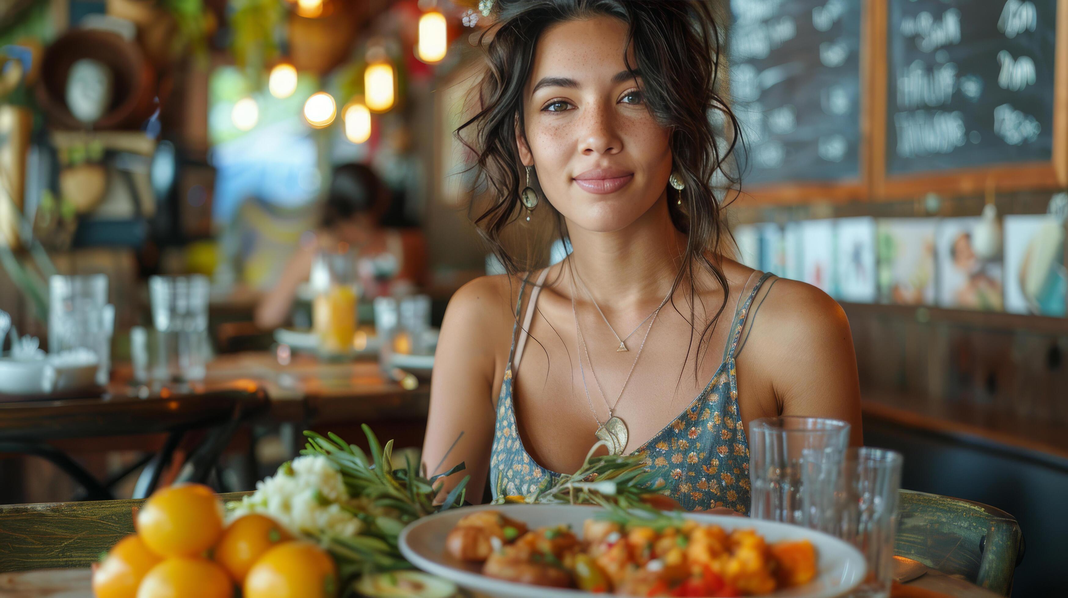 Young Woman Smiling While Enjoying Dinner at a Restaurant Stock Free