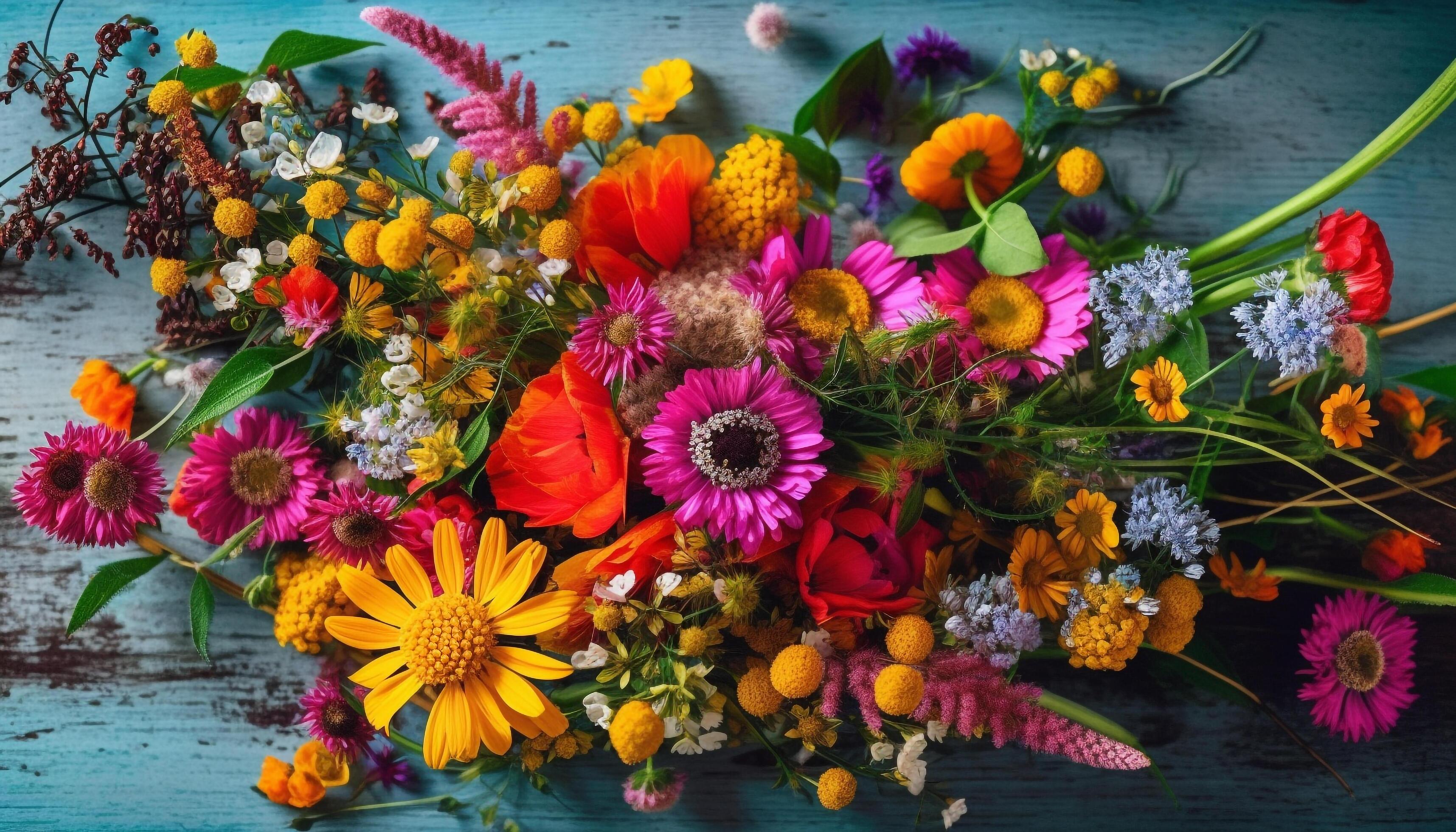 Multi colored bouquet of fresh flowers on wood generated by AI Stock Free