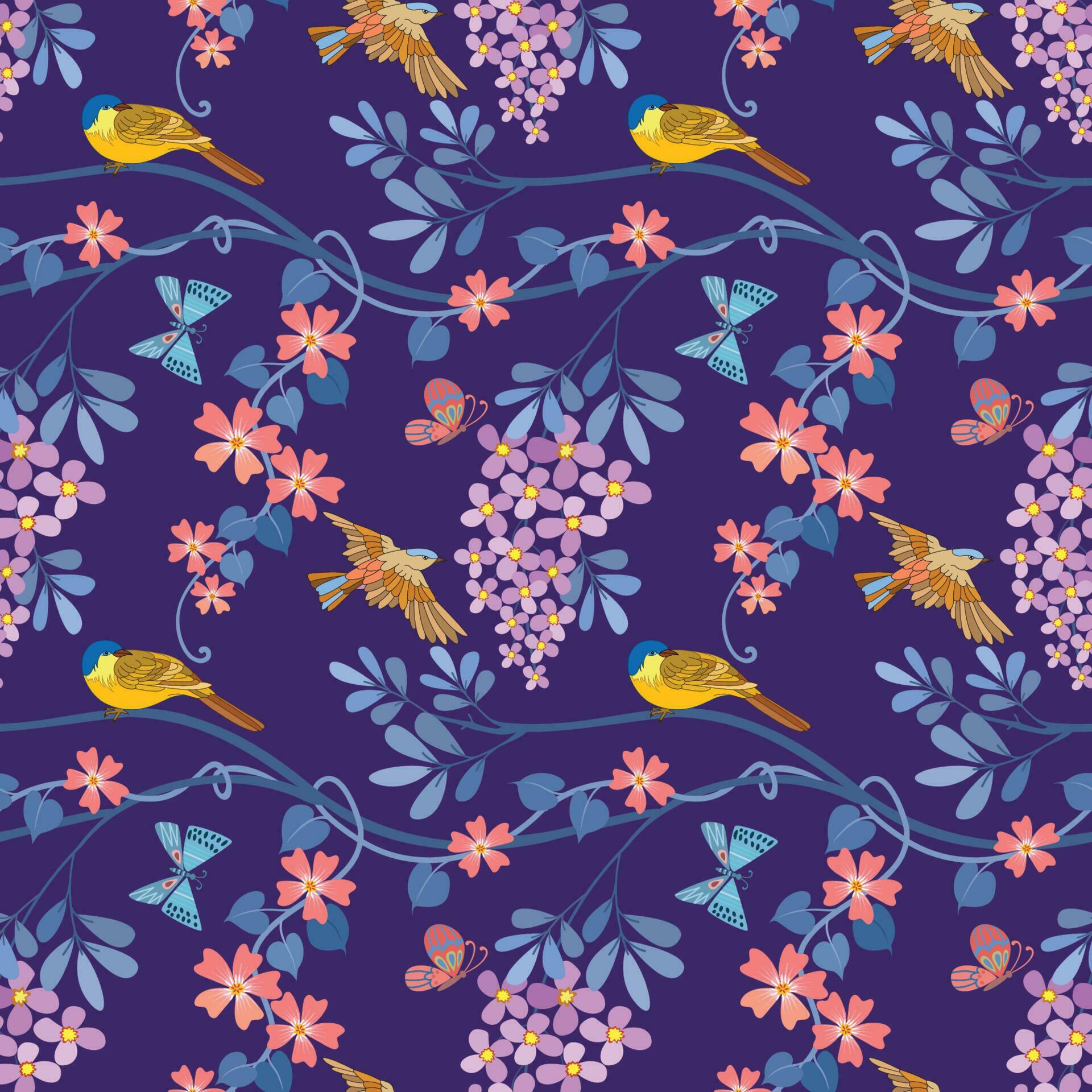 flowers and bird on branch on purple background Stock Free