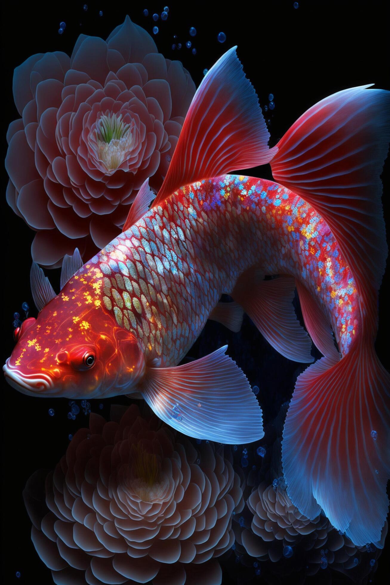 close up of a fish with a flower in the background. . Stock Free