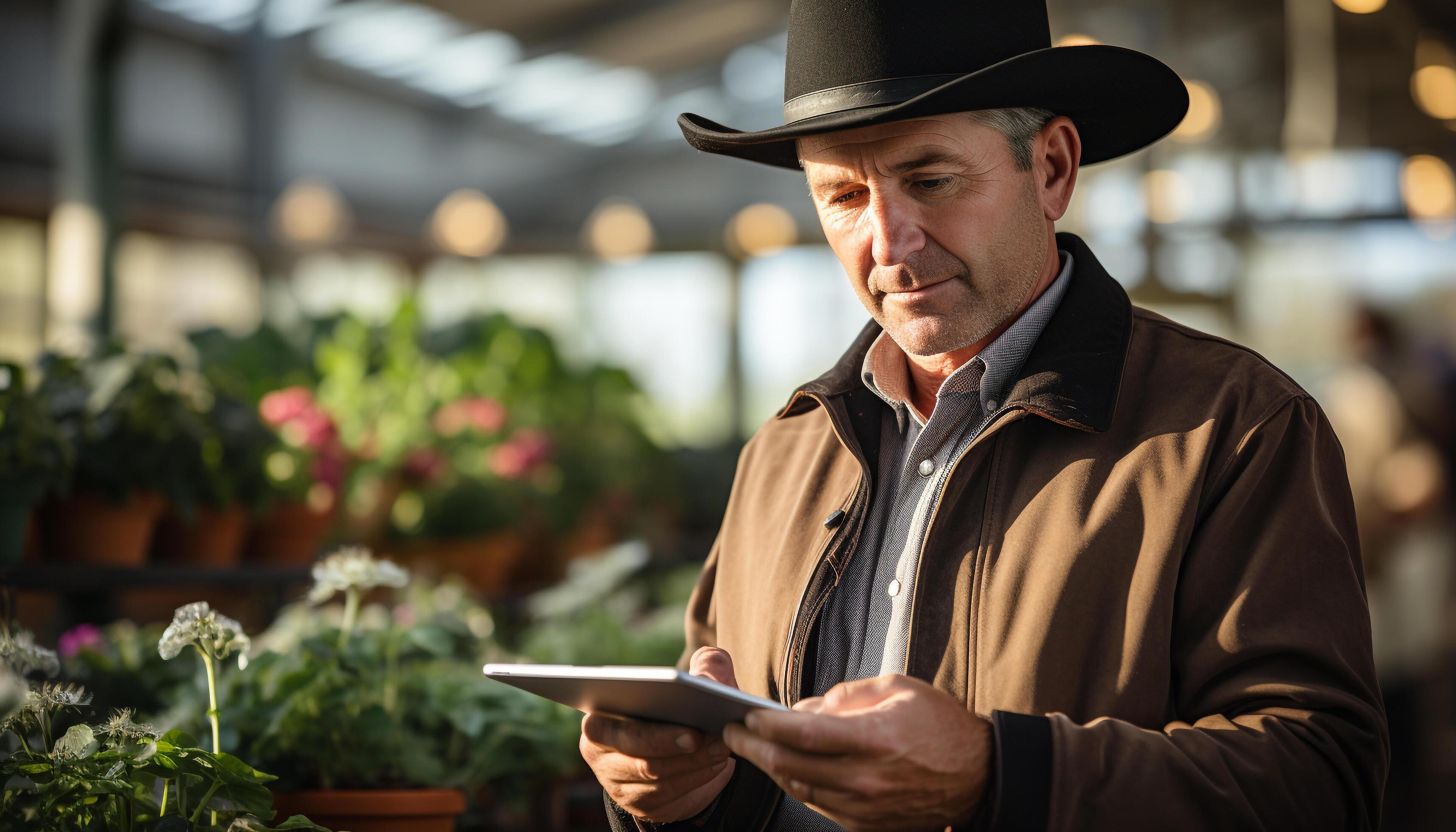 AI generated Confident farmer, outdoors, holding tablet, managing small agricultural business generated by AI Stock Free