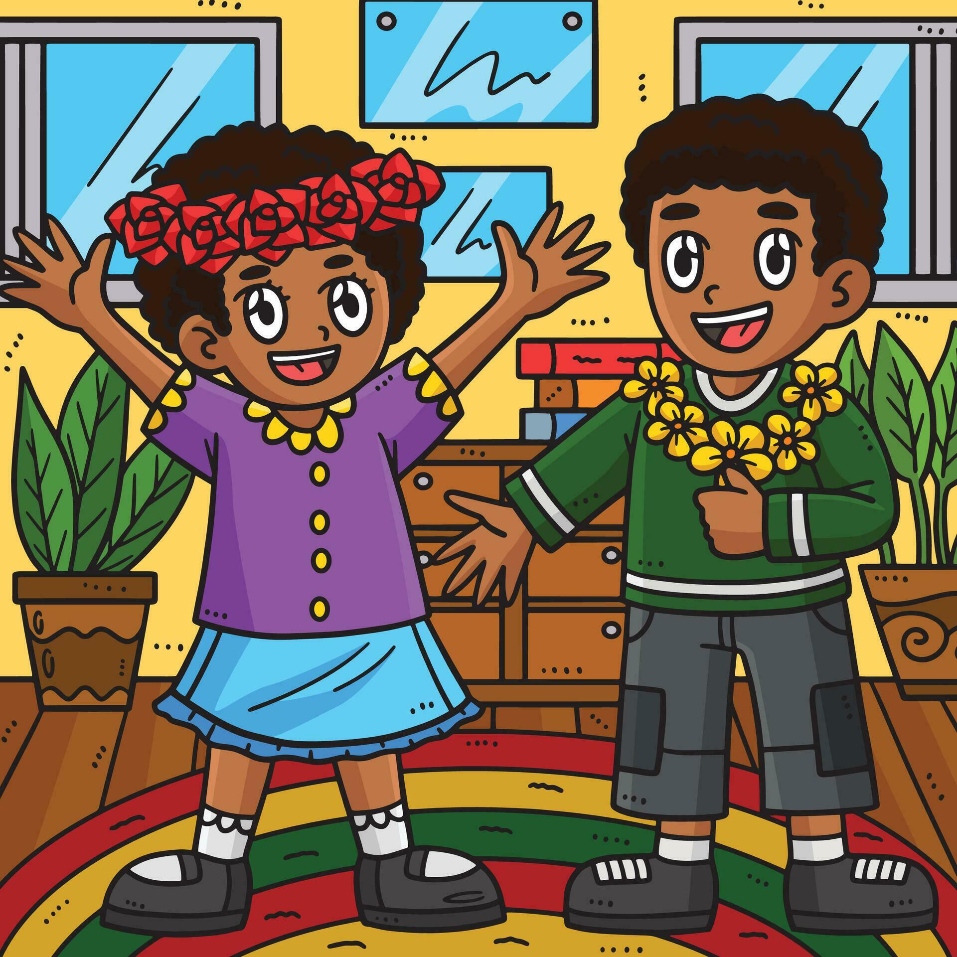 Juneteenth Children with Flowers Colored Cartoon Stock Free