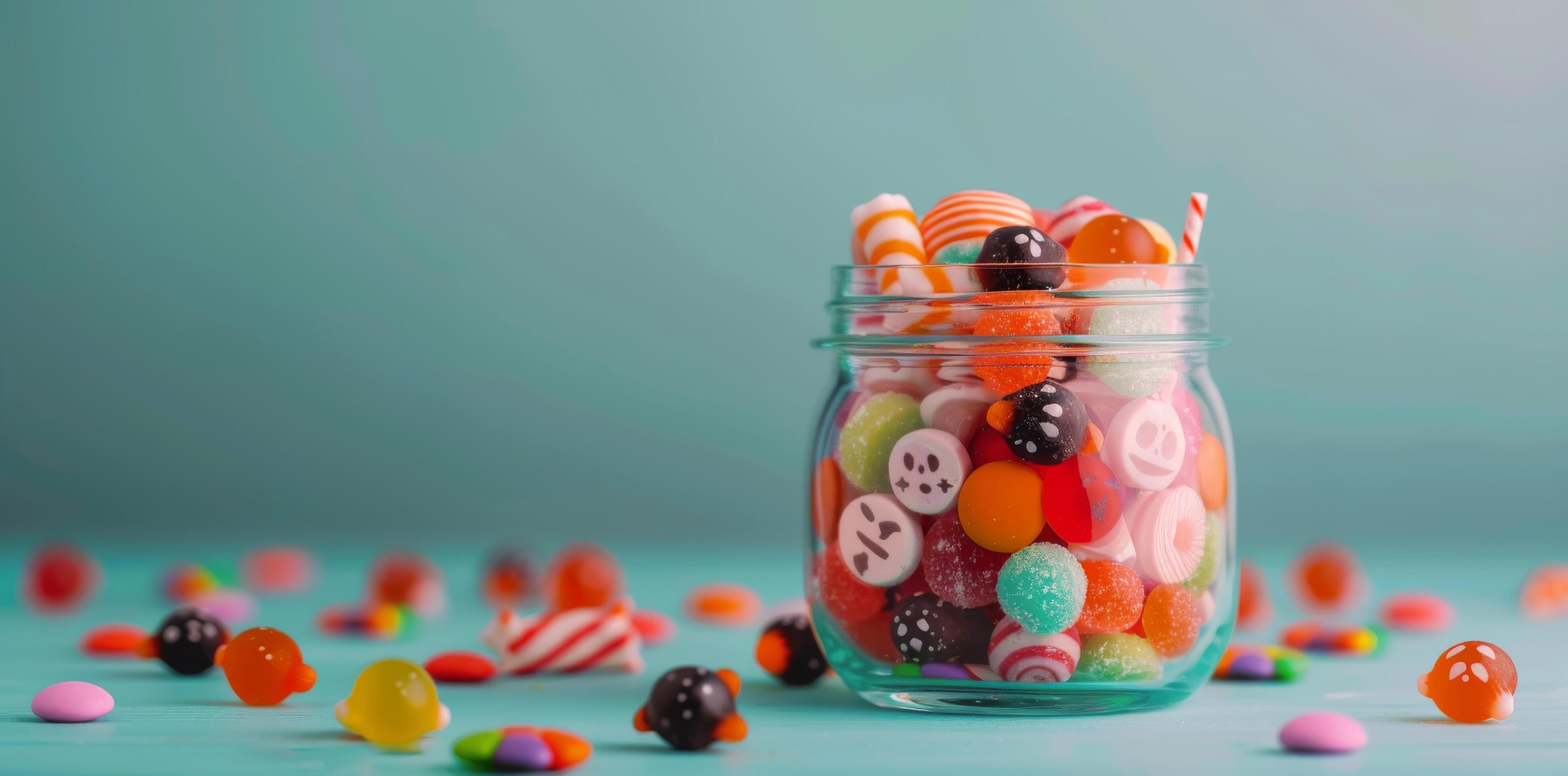 Colorful Candy Jar Filled With Assorted Treats on a Turquoise Background Stock Free