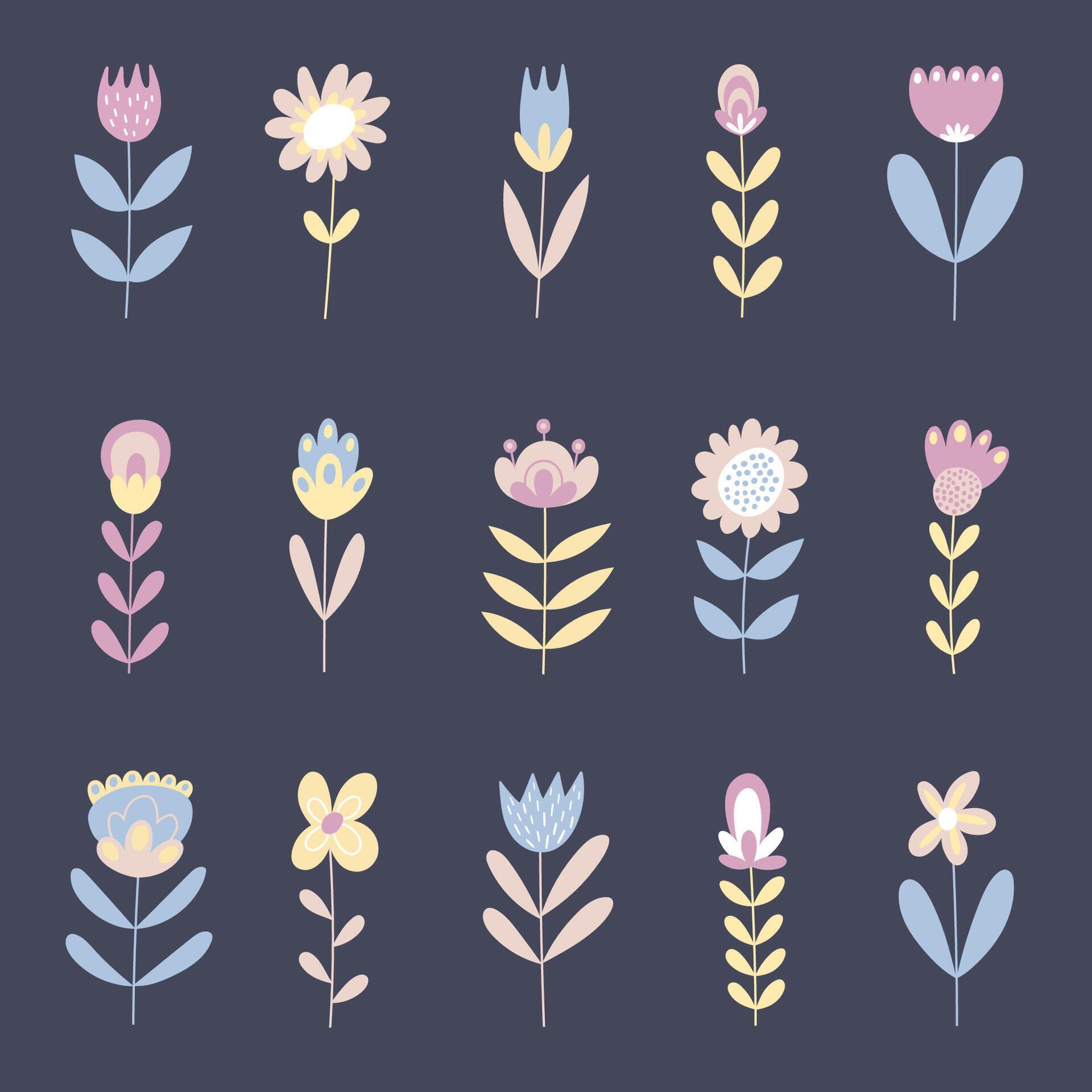 Beautiful spring flower collection with flowers, leaves, floral elements, branches. Vector icons, botanic set of isolated nature objects. Stock Free