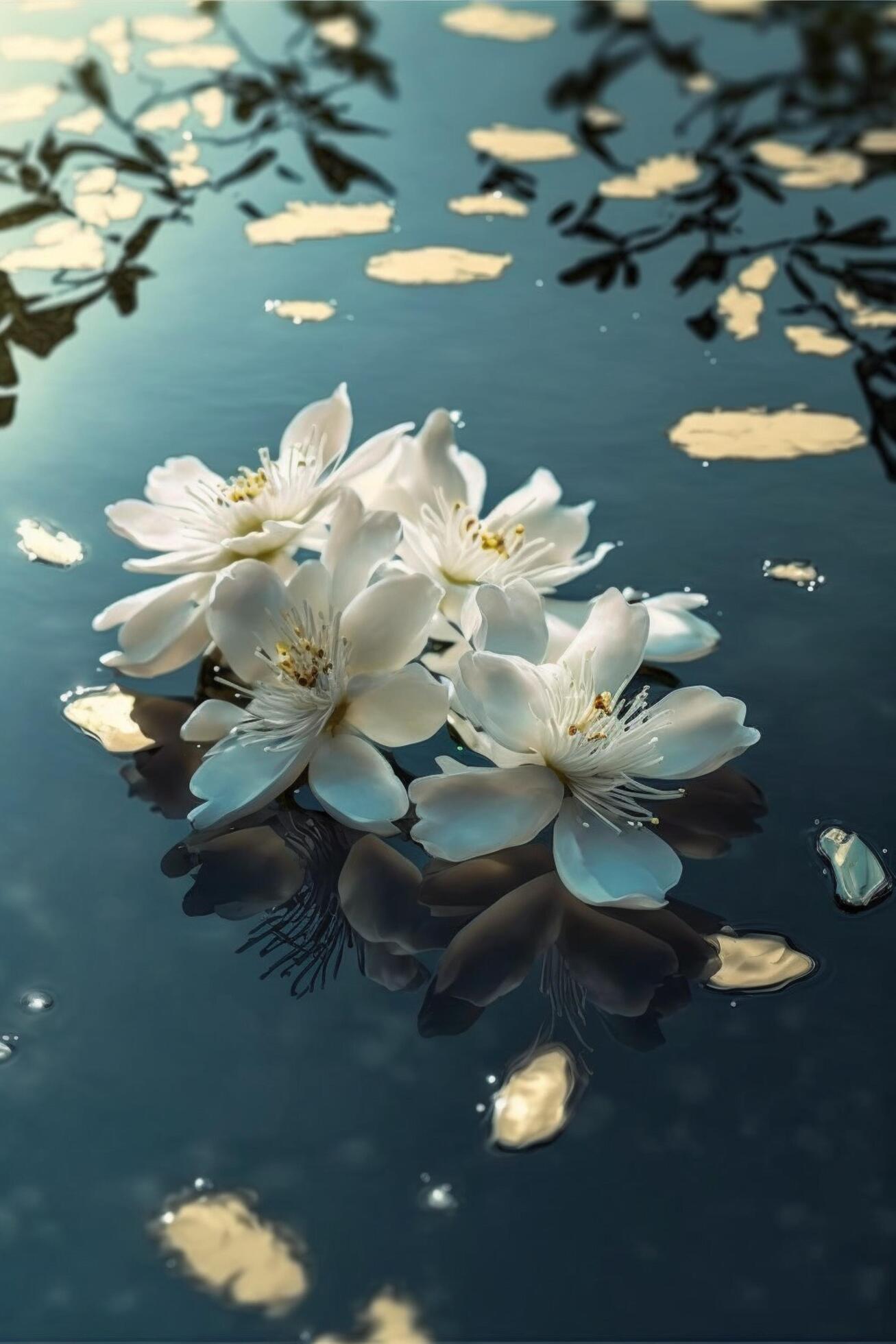 bunch of white flowers floating on top of a body of water. . Stock Free