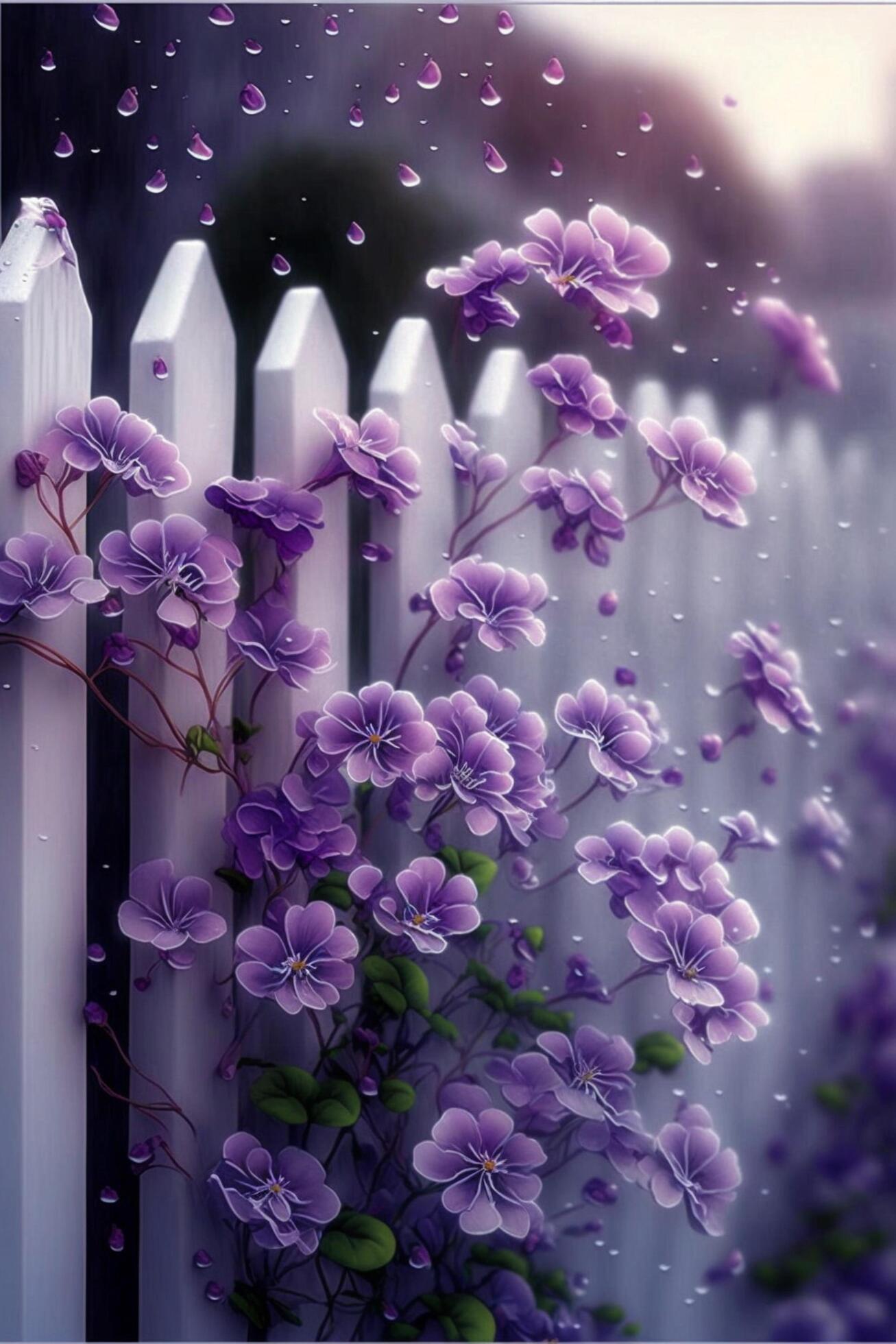 bunch of purple flowers next to a white fence. . Stock Free