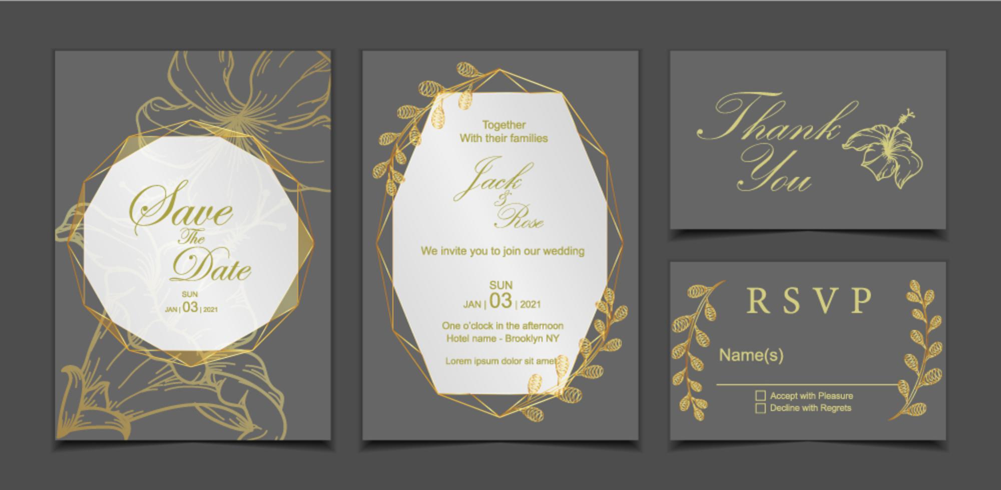 Luxury Wedding Invitation Card Template. Dark Background and Geometric Golden Frame with Floral Decoration Hibiscus Flower and Wild Leaves Stock Free