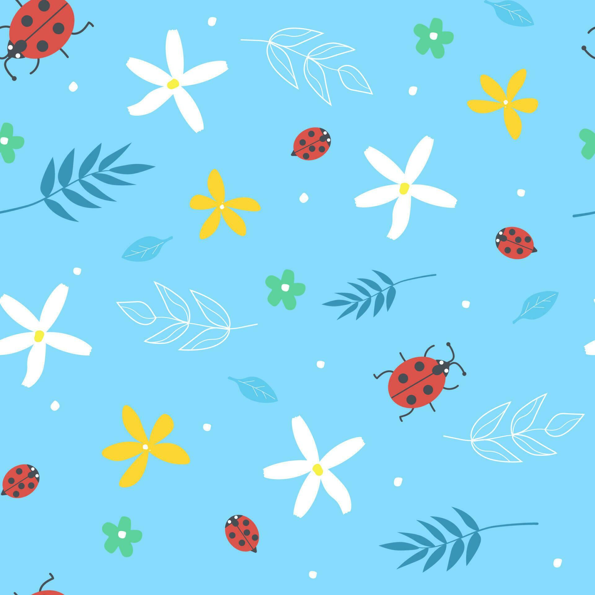 Seamless summer pattern with ladybugs, flowers, leaves. Vector graphics. Stock Free