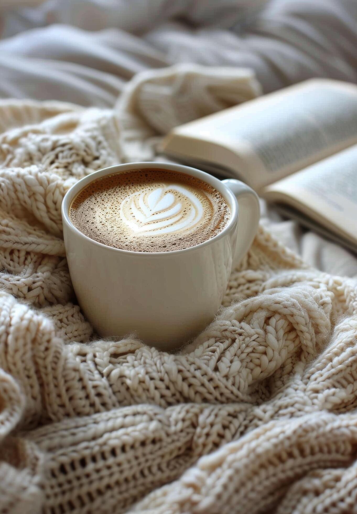 A Cup of Coffee, a Book, and Blossoms on a Cozy Blanket Stock Free