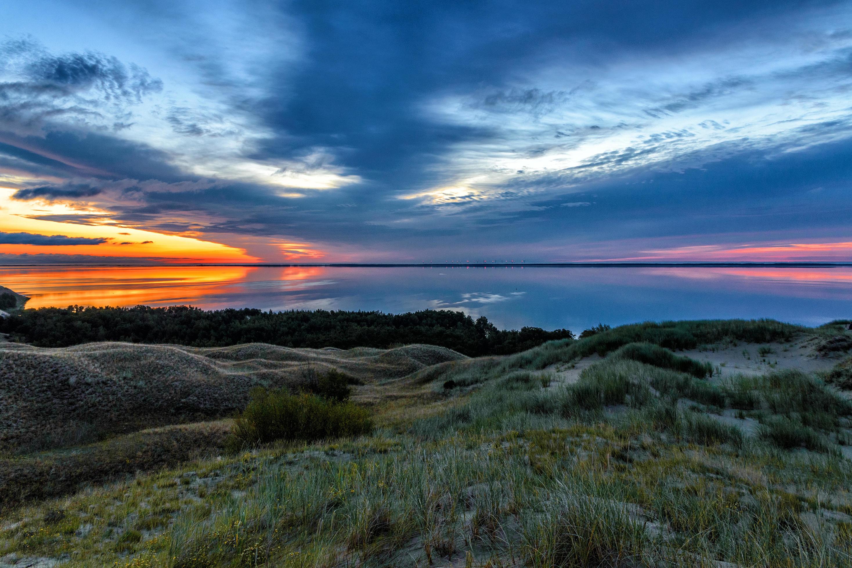 Sunset on water and grass Stock Free