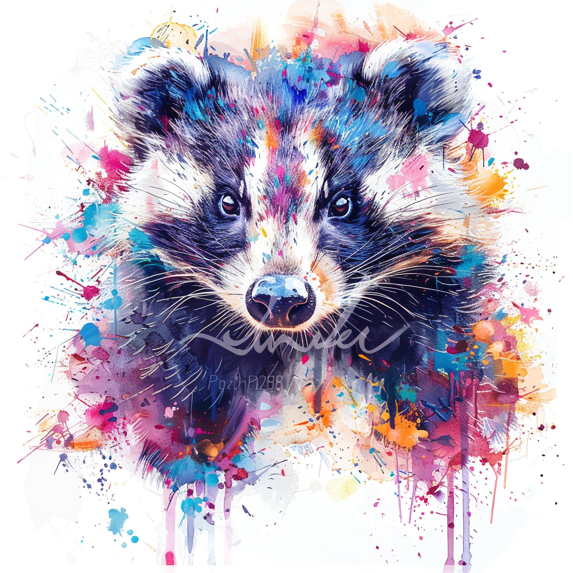 a painting of a badger with colorful splats Stock Free