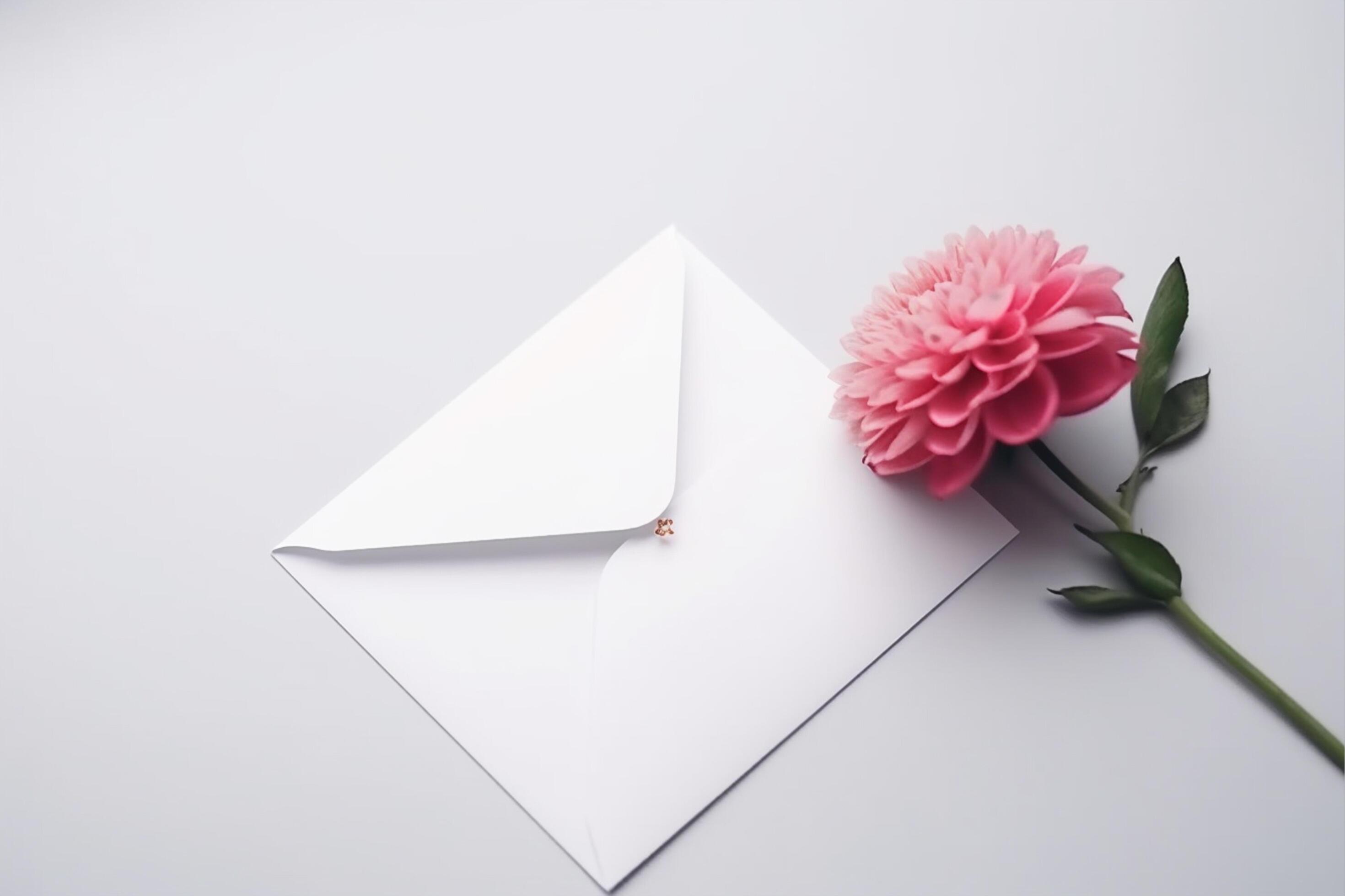 White envelope with flowers and card on grey background, Stock Free