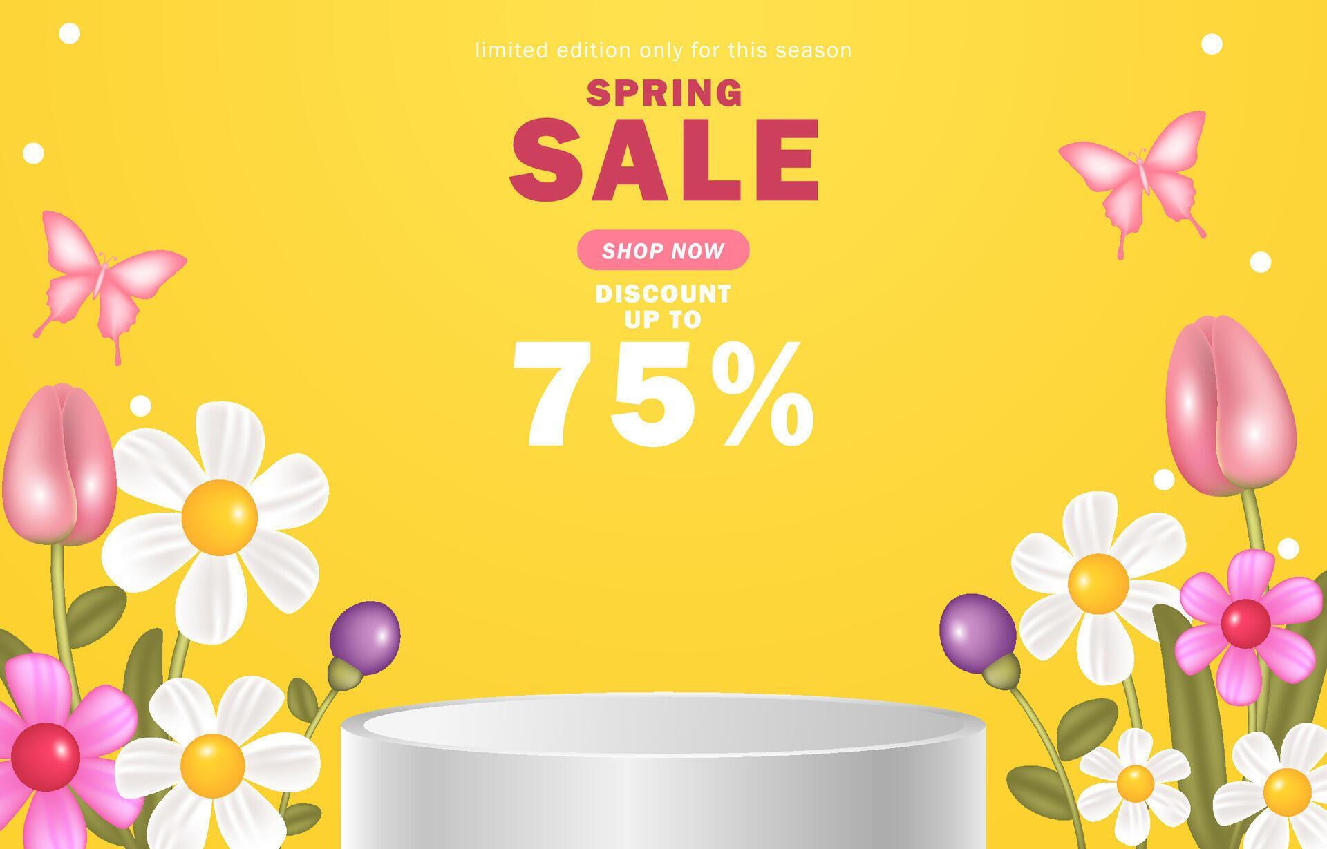 Spring sale banner with product display and flowers decoration for sale, poster, background Stock Free