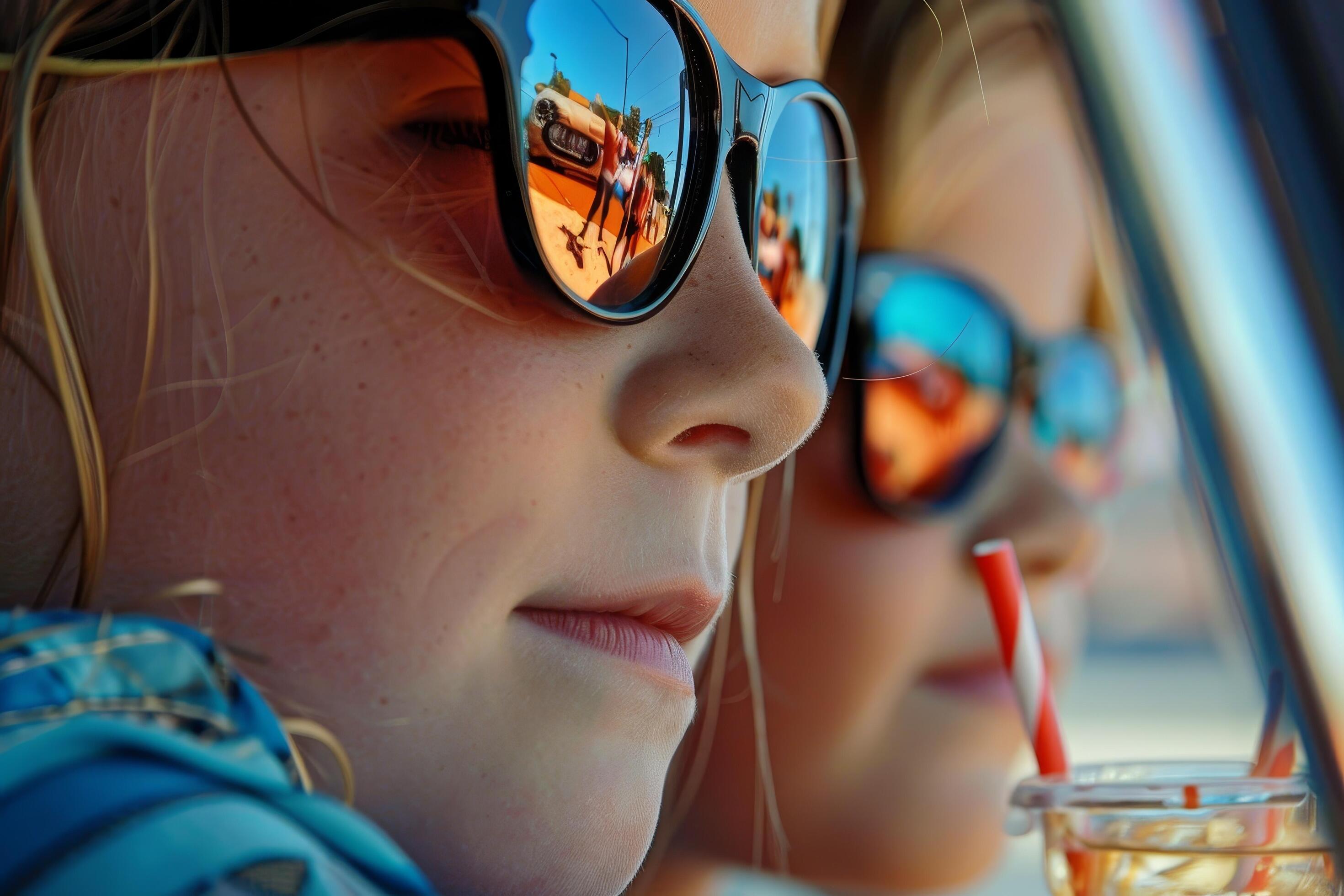 A woman wearing sunglasses with a red reflection on her face Stock Free