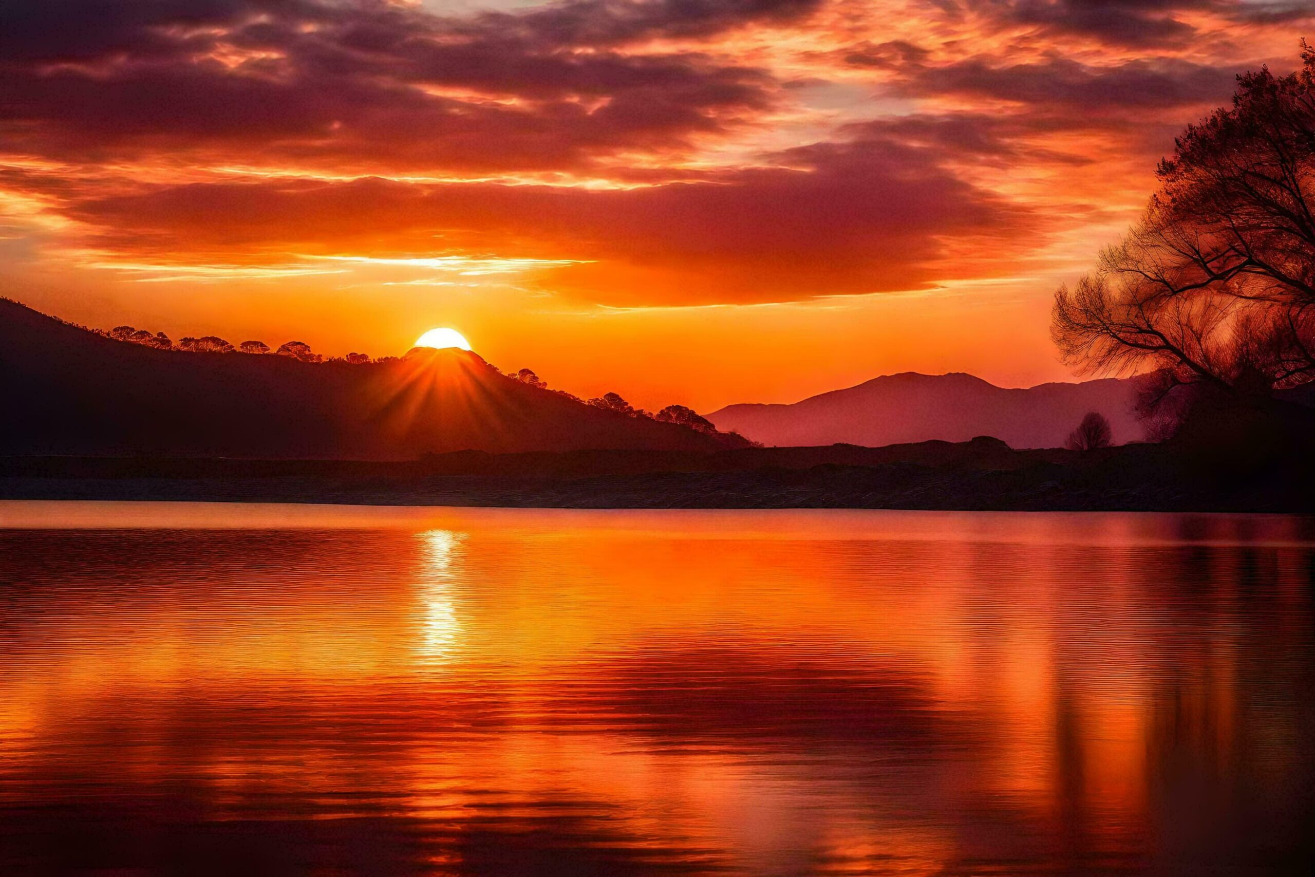 the sun sets over a lake with a tree in the foreground Free Photo