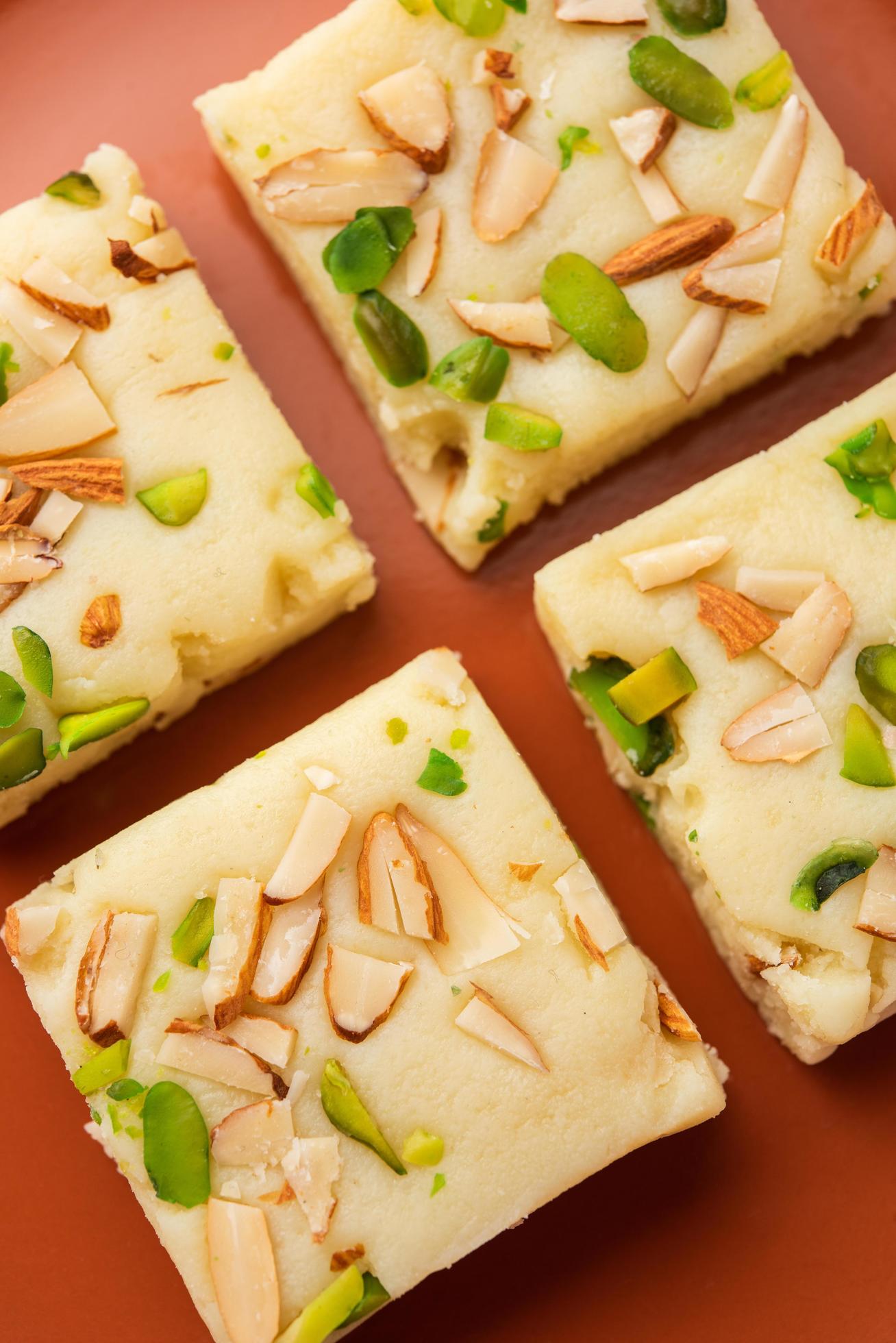 Milk powder barfi also known as Mava burfi, white Khoya burfi or Barfee, Indian Sweet food Stock Free