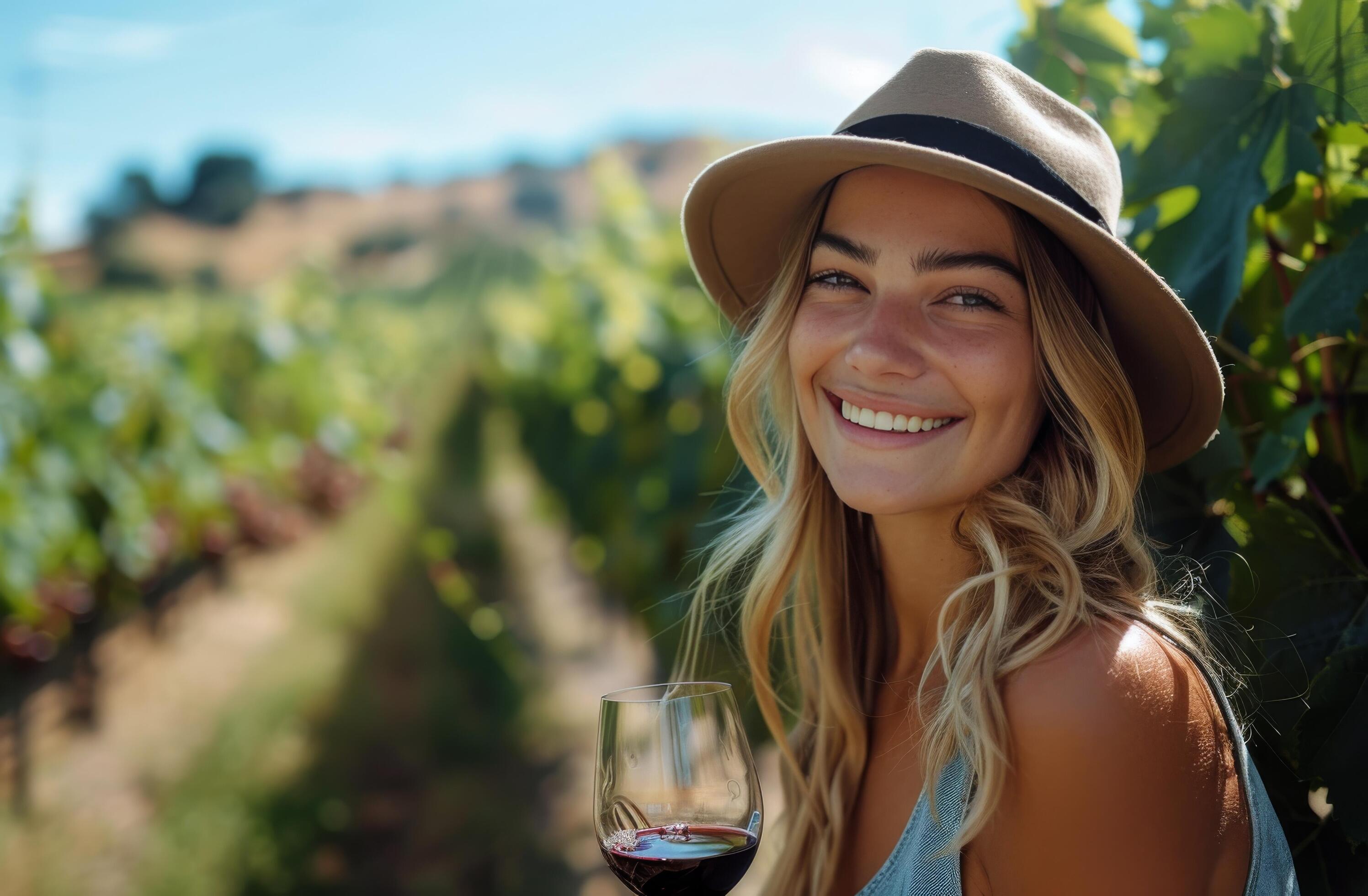 Woman In Straw Hat Holding Wine Glass In A Vineyard At Sunset Stock Free