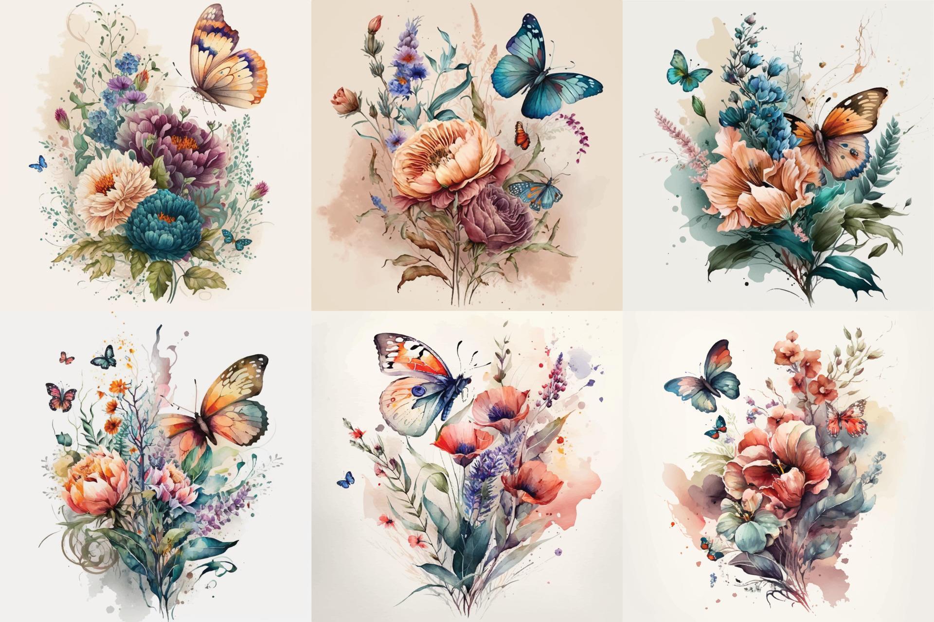 Butterfly Watercolor set, Floral Illustration, Floral Flower, Floral Bundle Stock Free