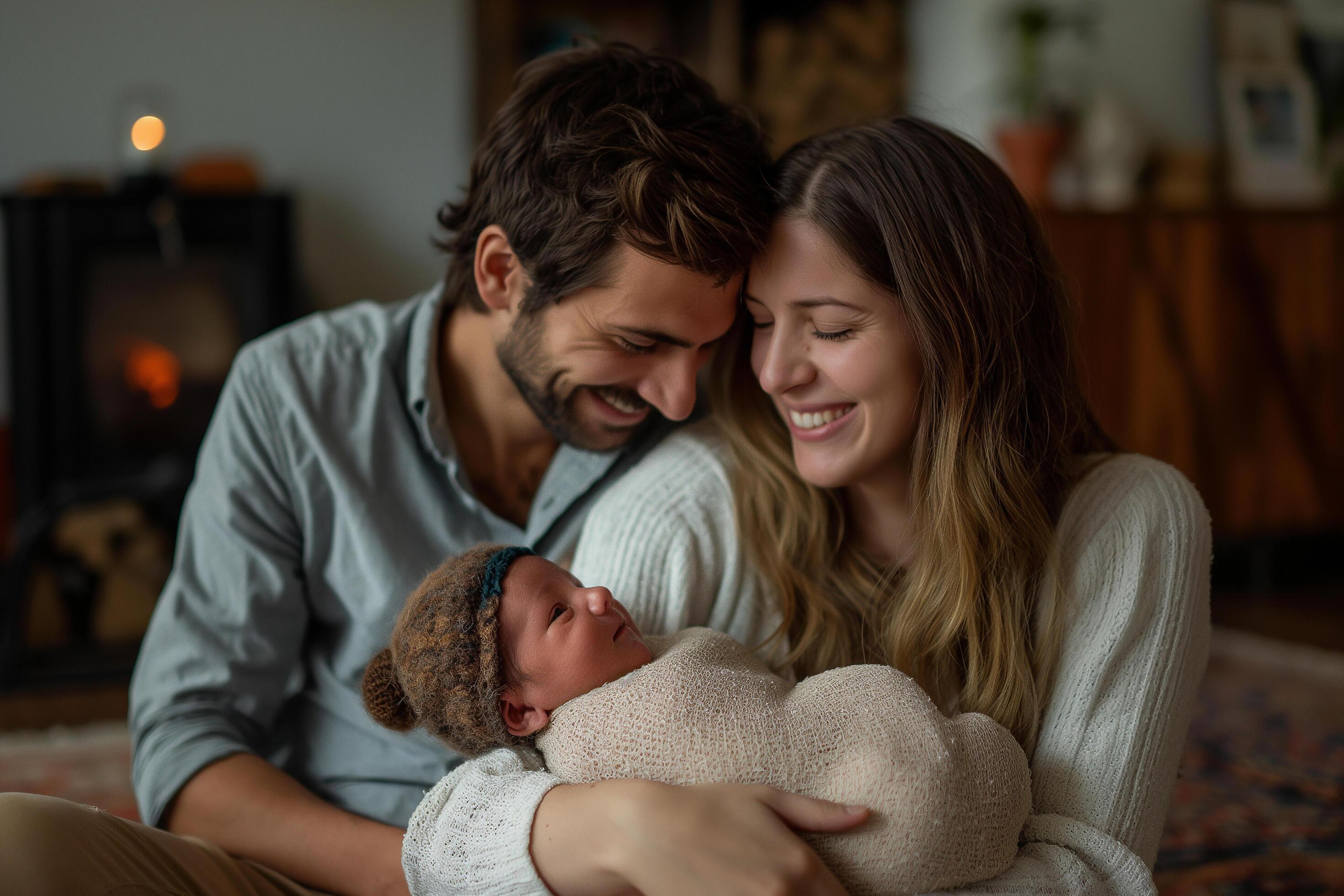 portrait of happy young family with newborn baby Stock Free