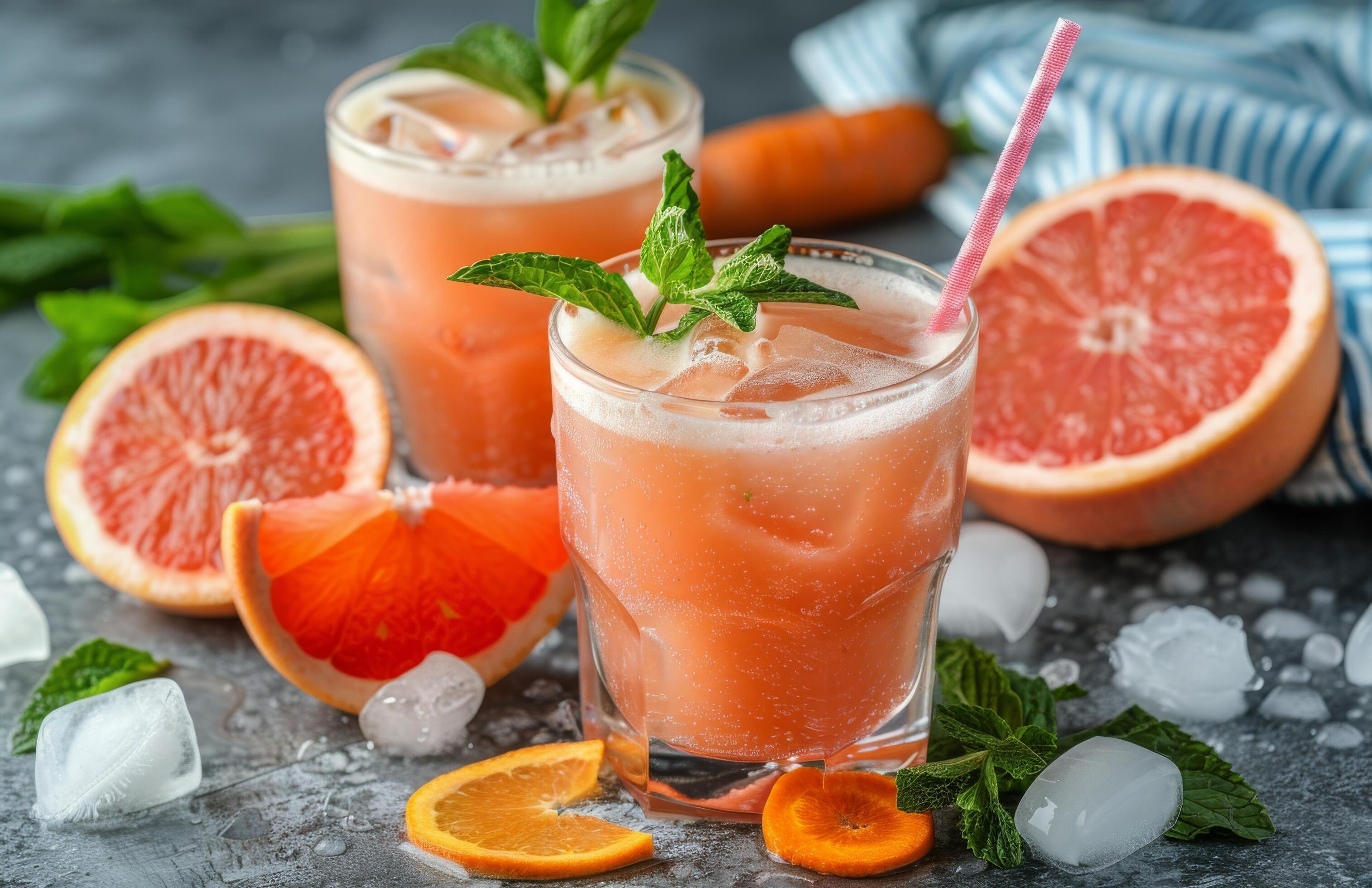 Refreshing Grapefruit and Carrot Juice With Mint and Ice on a Dark Background Stock Free