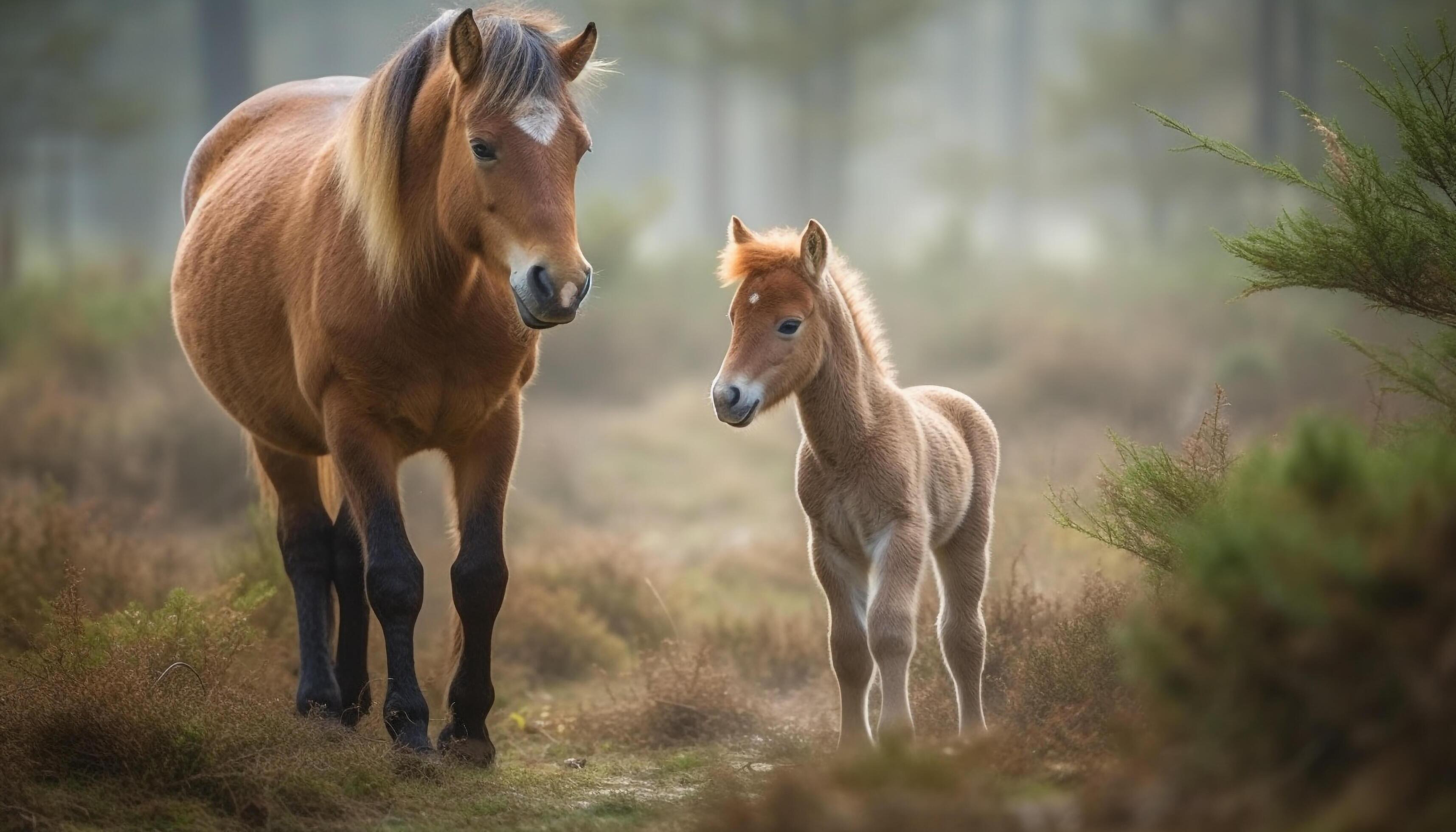 Horse family grazing in meadow at sunset generated by AI Stock Free