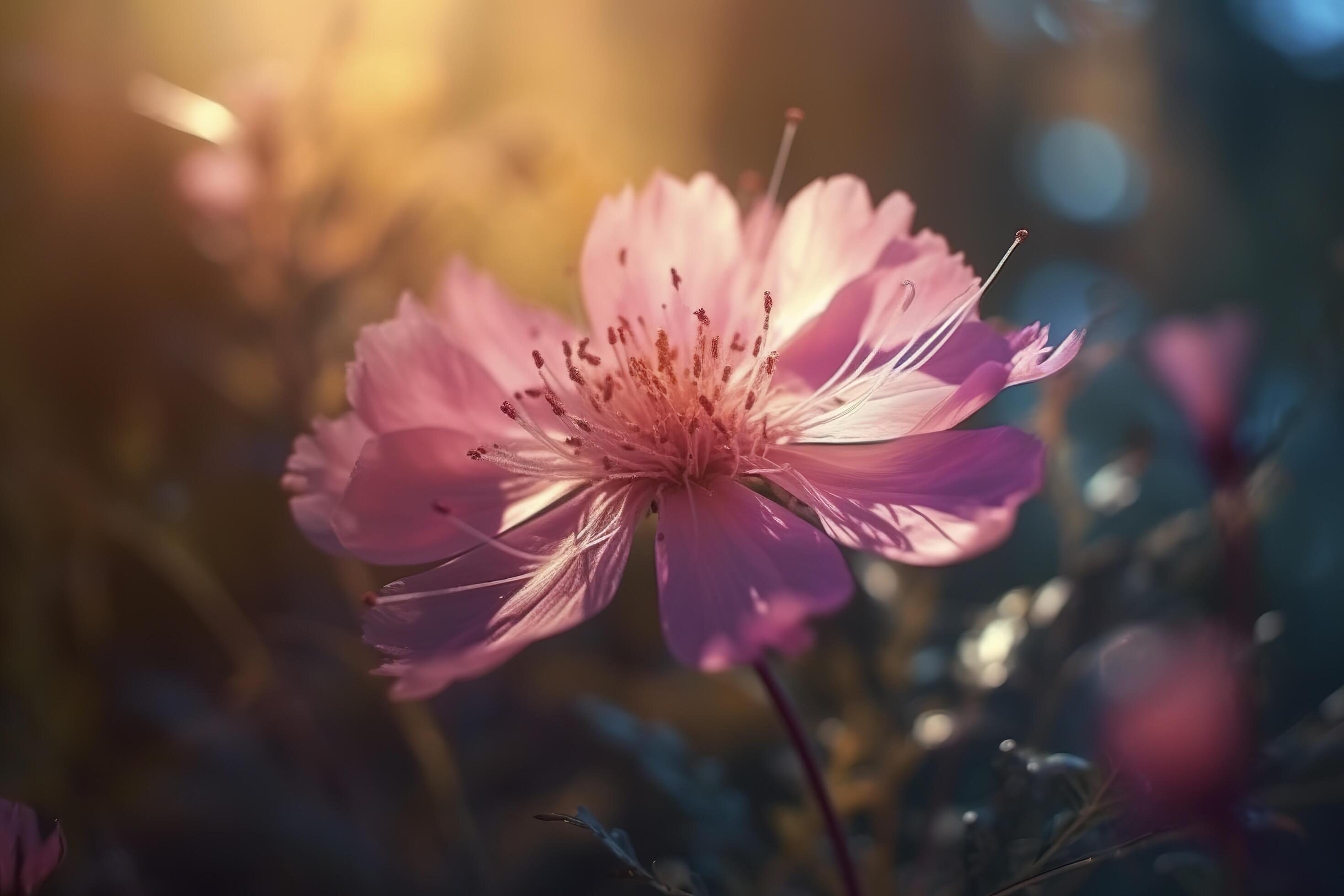 pink flowers with the sun shining through the clouds in the background and the grass in the foreground is a field of purple flowers. Stock Free