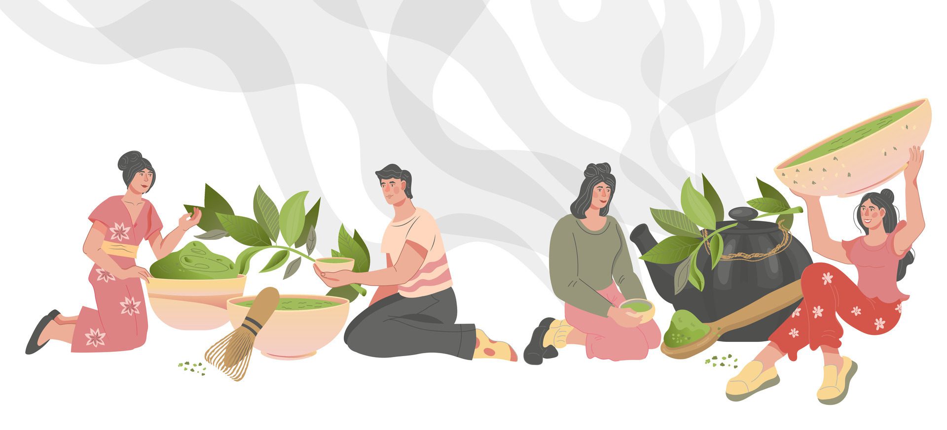 Banner with people drinking green and Matcha tea, flat illustration. People enjoying flavor of green natural organic tea among teaware. Free Vector