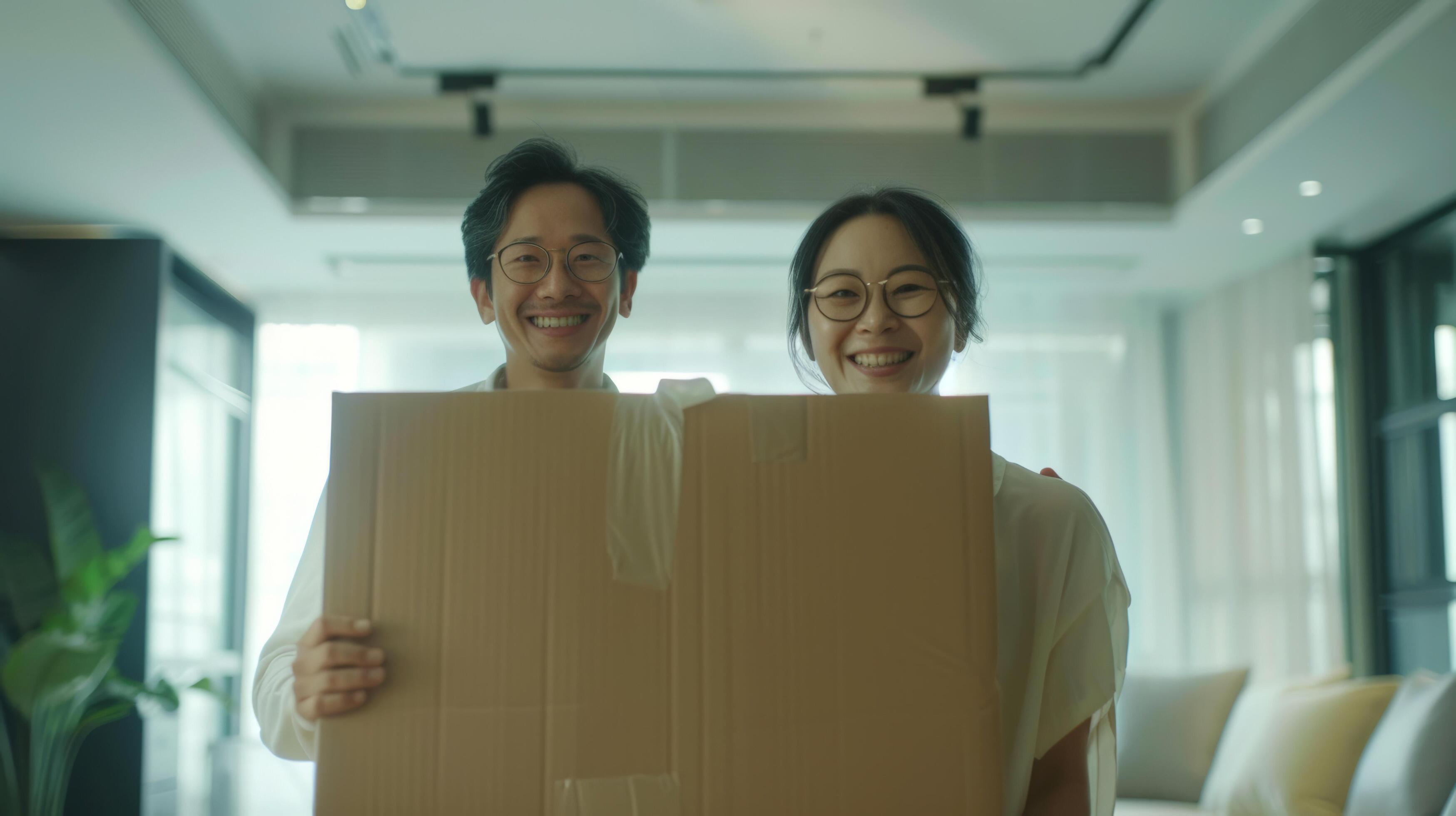 Happy asian couple holding cardboard boxes while moving into a new home, smiling joyfully in a modern living room. Stock Free