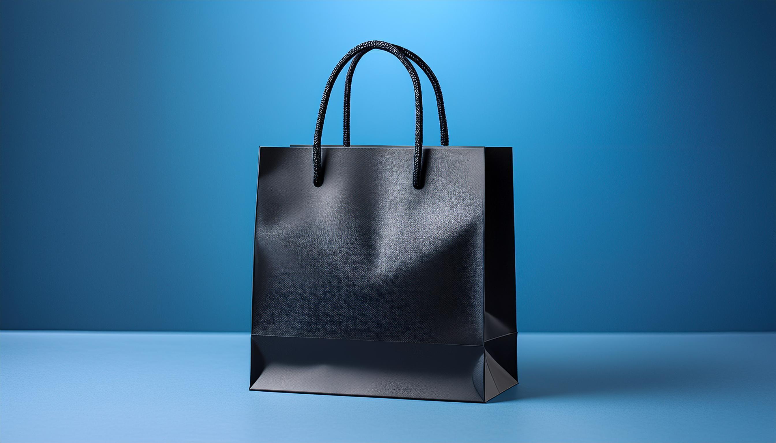 black shopping bag with empty space, blue studio background. Stock Free