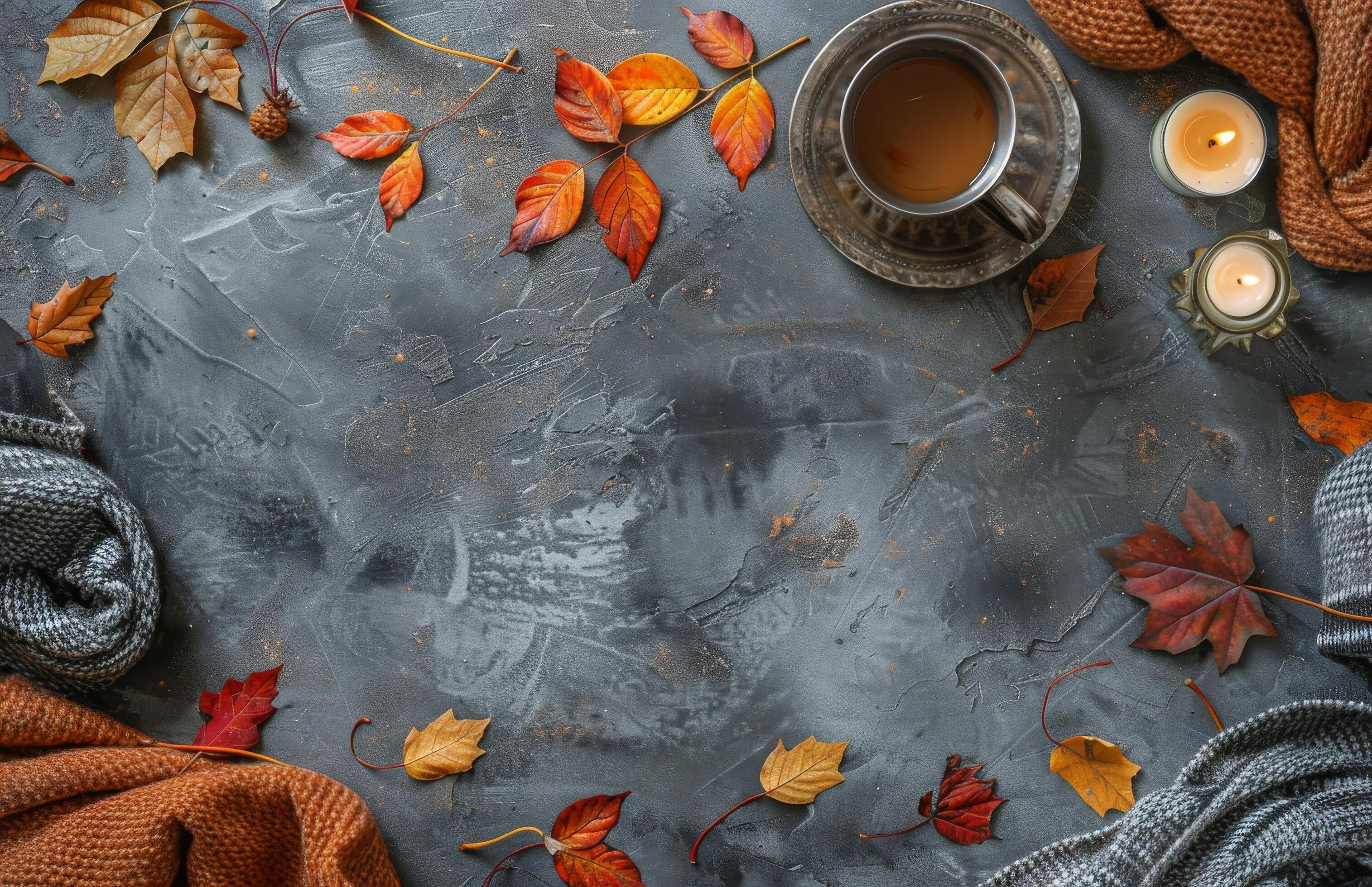 Cozy Autumn Flat Lay With Coffee, Candles, and Leaves Stock Free