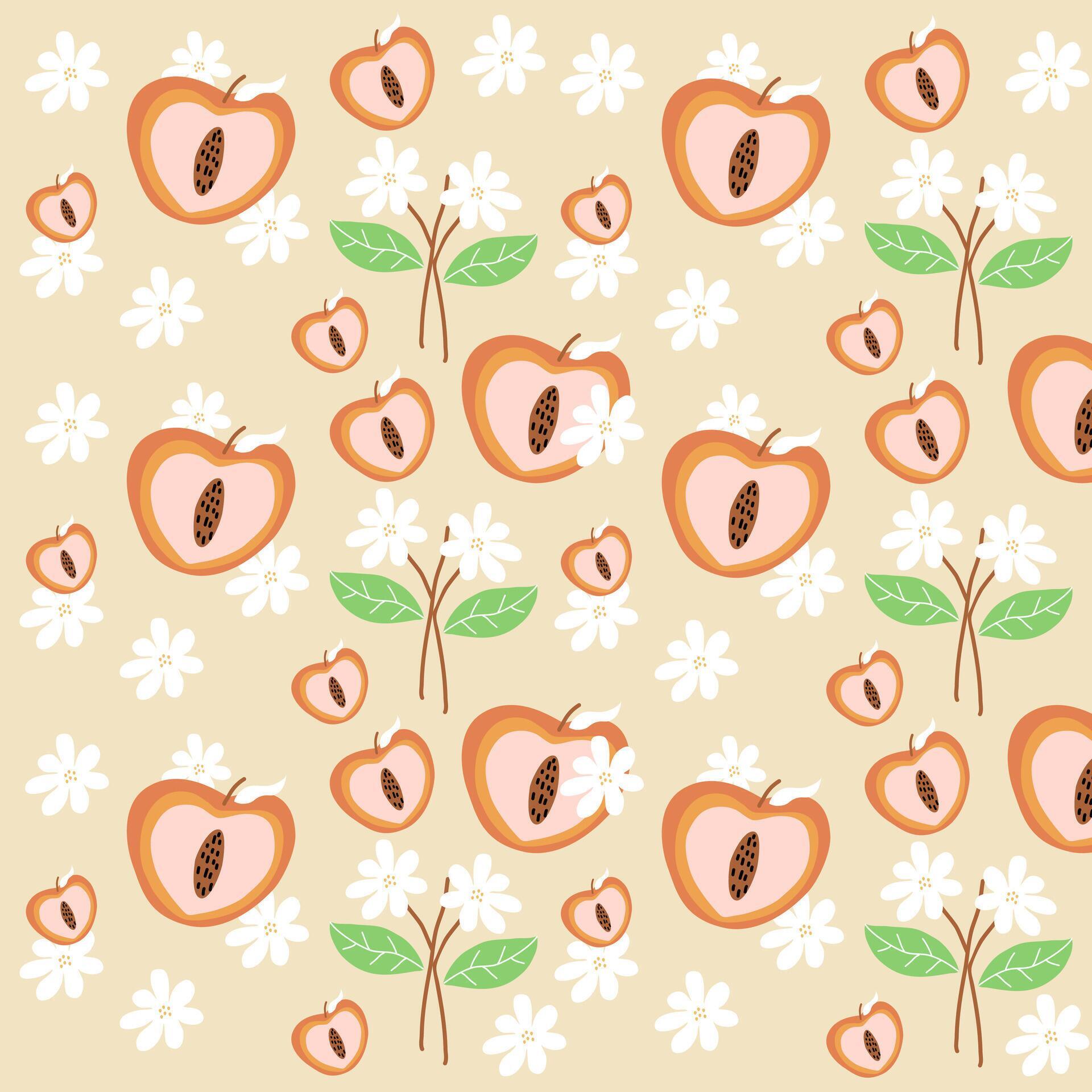 Hand drawn peach and white flowers pattern. Peach fruit pattern. Fruit Background. Pattern for fabric Stock Free