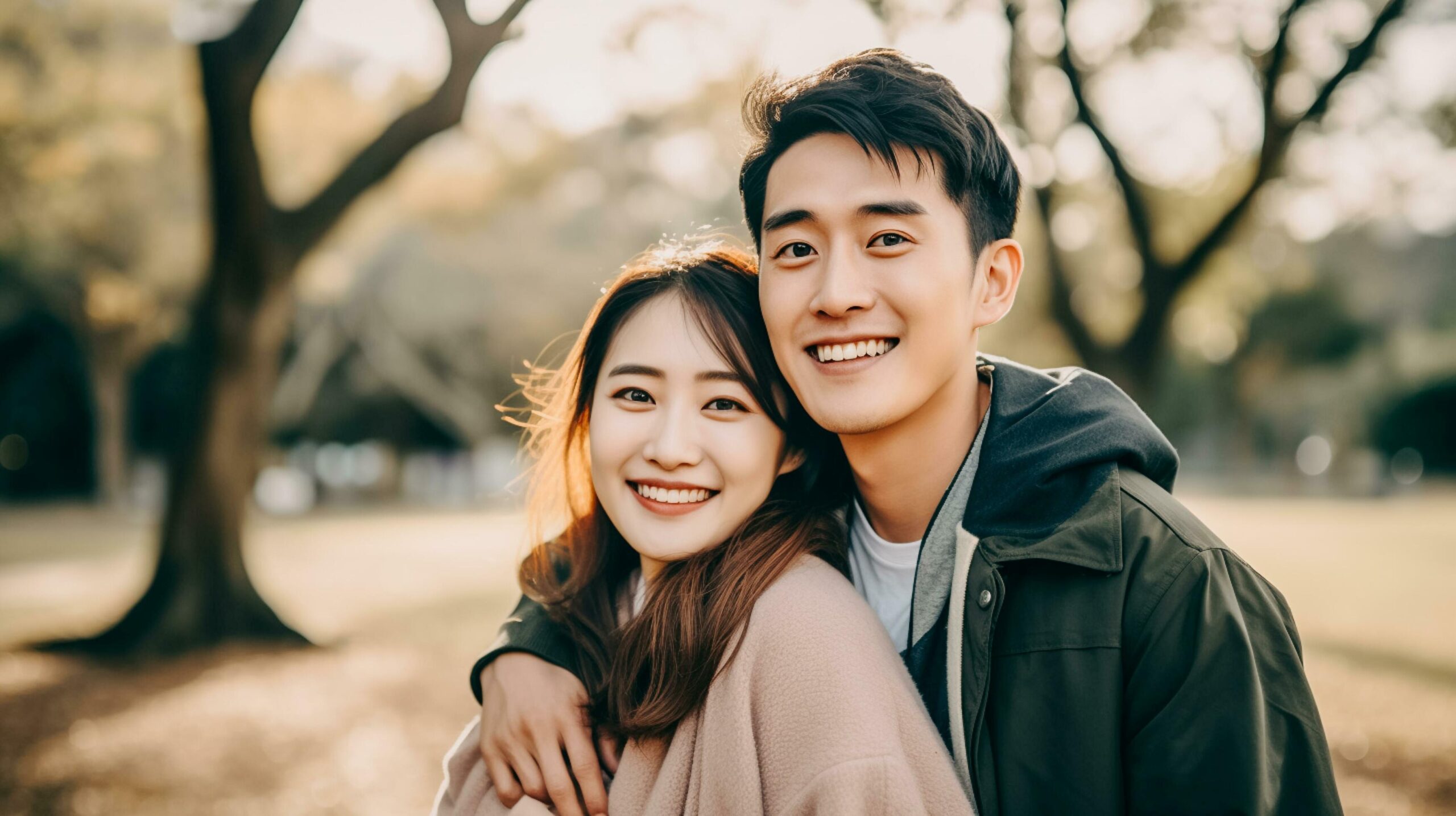 photo young asian couple standing in forest. male and female traveler relaxing and talking sweet couple laughing. AI Generated Free Photo